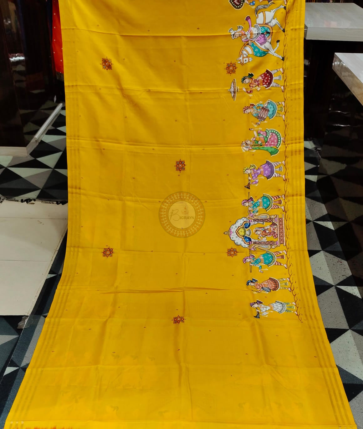 Yellow Red Marriage Theme Pattachitra Kanjeeveram Silk Saree