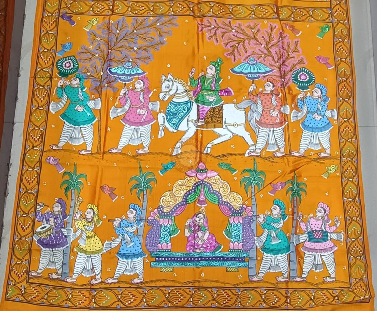 Yellow Small Box Marriage Theme Pattachitra Pure Silk Saree