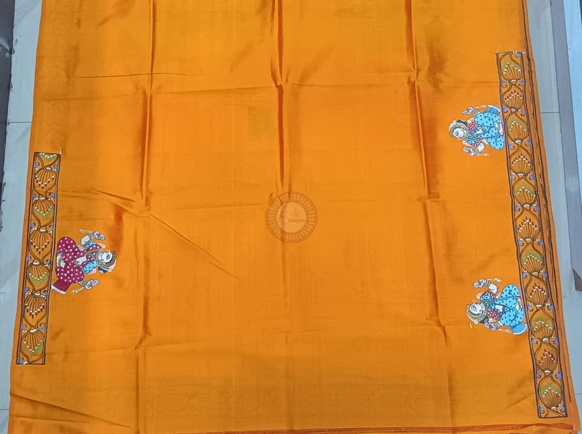 Yellow Small Box Marriage Theme Pattachitra Pure Silk Saree