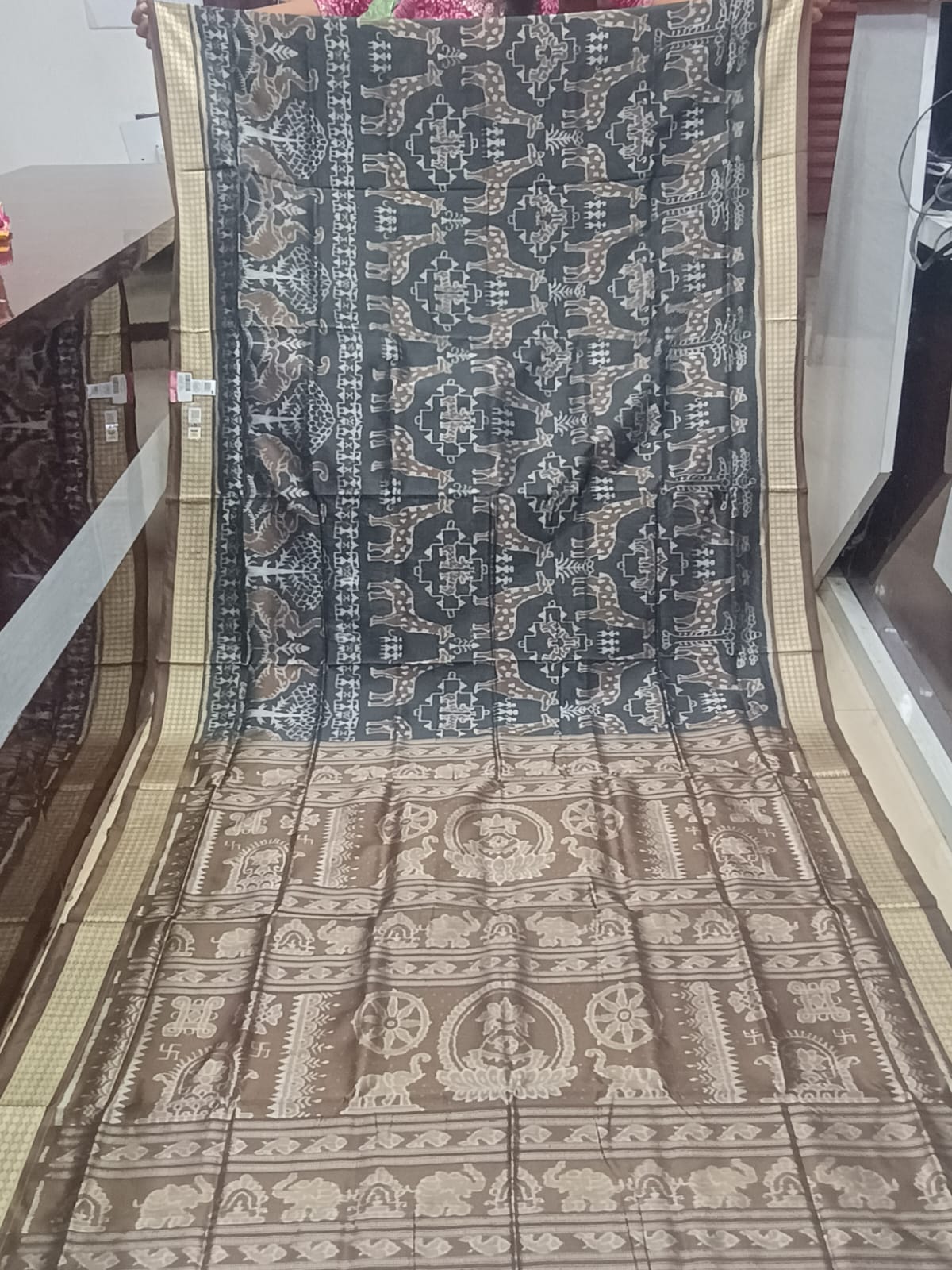 Charcoal Black and Bronze Brown Handwoven Harappan Script Sambalpuri Pure Silk Saree