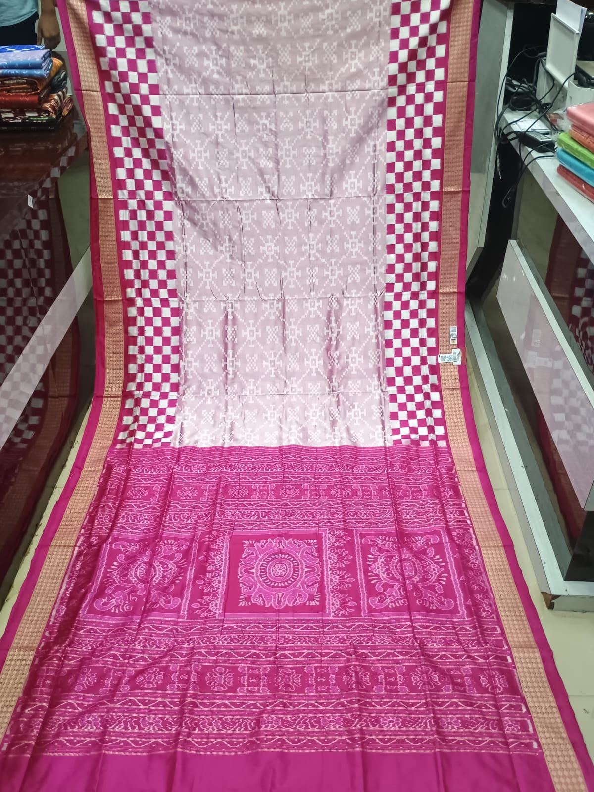 Blush Pink and Rani Pink Scot Pasapali Design Handwoven Sambalpuri Silk Saree