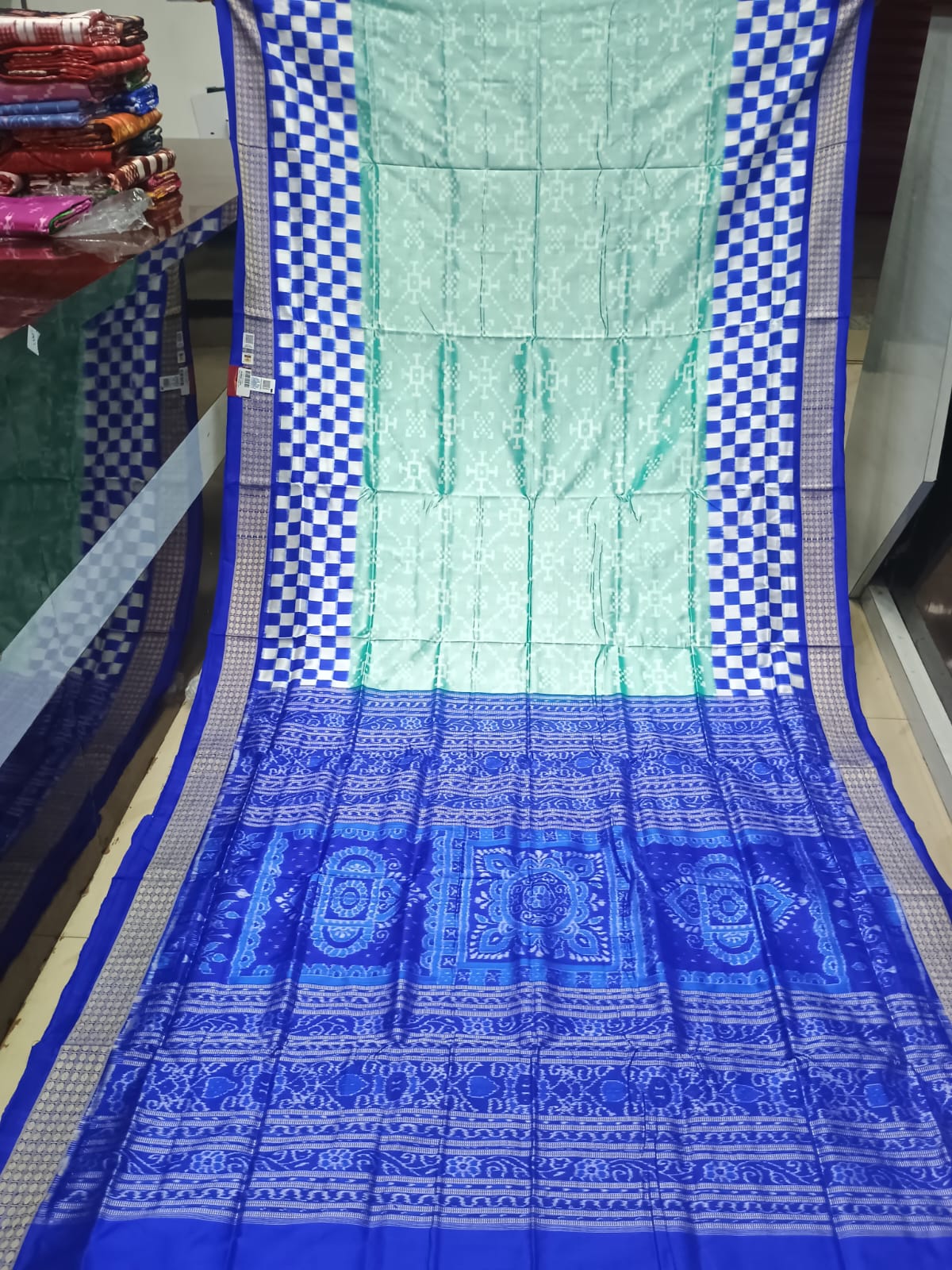 Mint Green and Cobalt Blue Pasapali Handwoven Sambalpuri Silk Saree