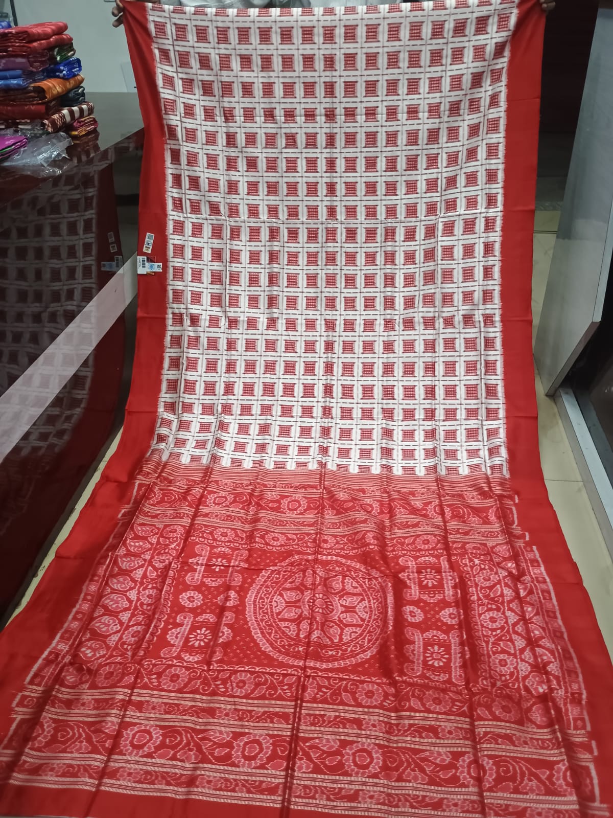 White and Red Big Aswini Sambalpuri Silk Saree