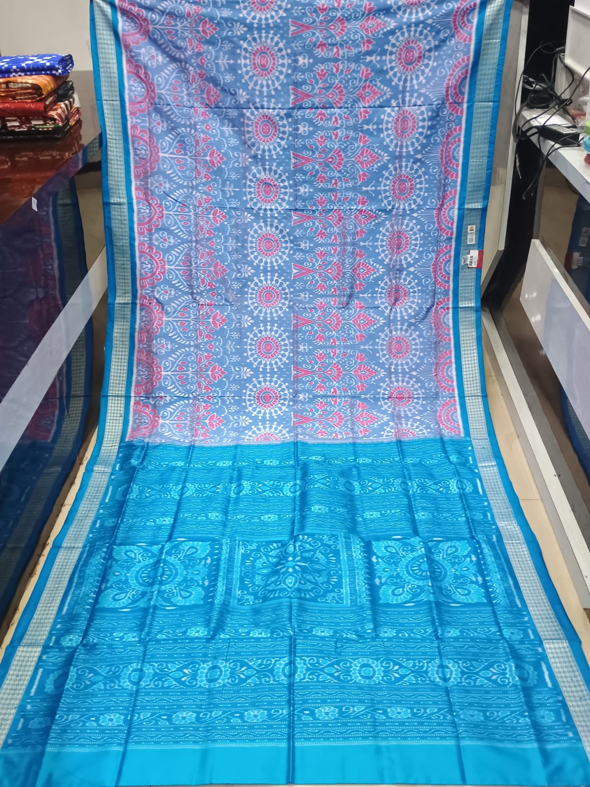 Sky Blue and Cyan Blue Handwoven Sambalpuri Silk Saree