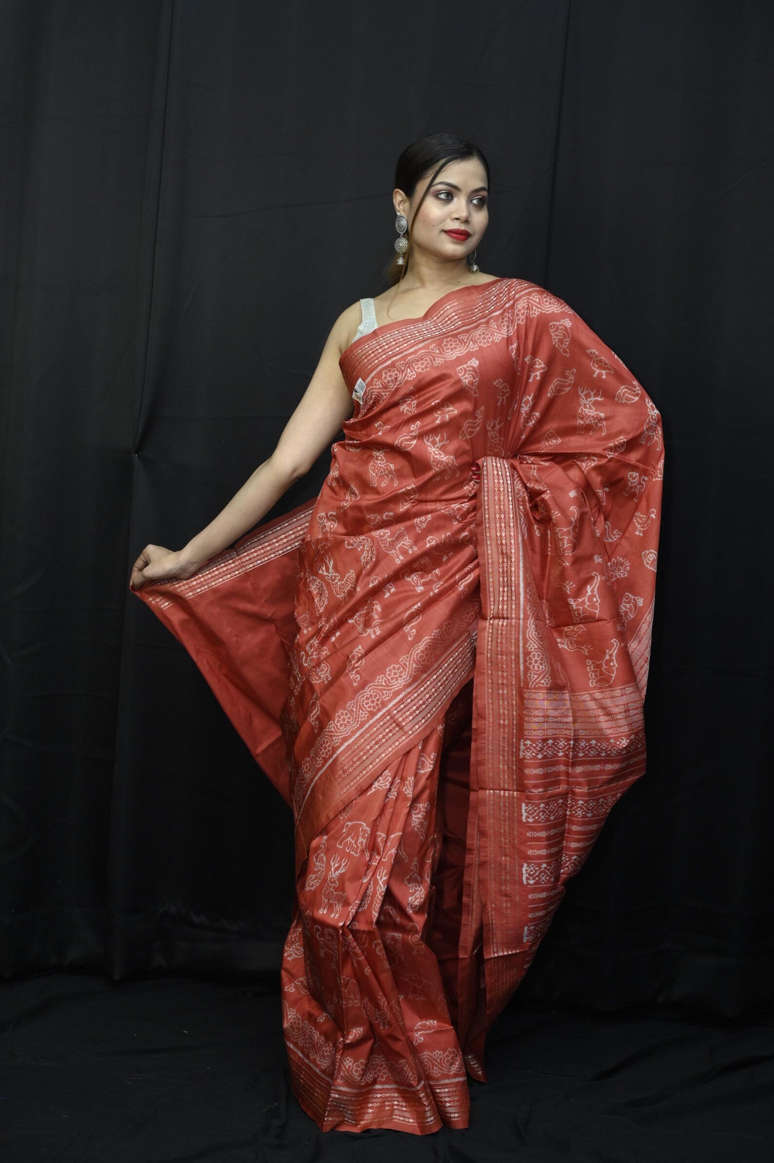 Red Animals Sambalpuri Natural dye Silk Saree