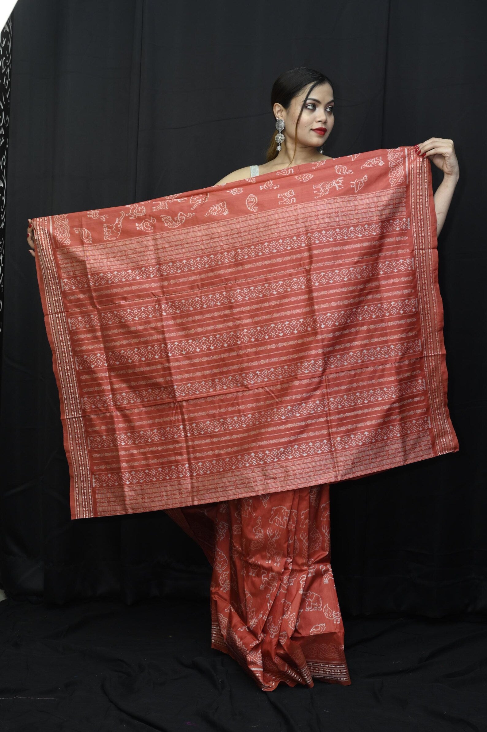 Red Animals Sambalpuri Natural dye Silk Saree
