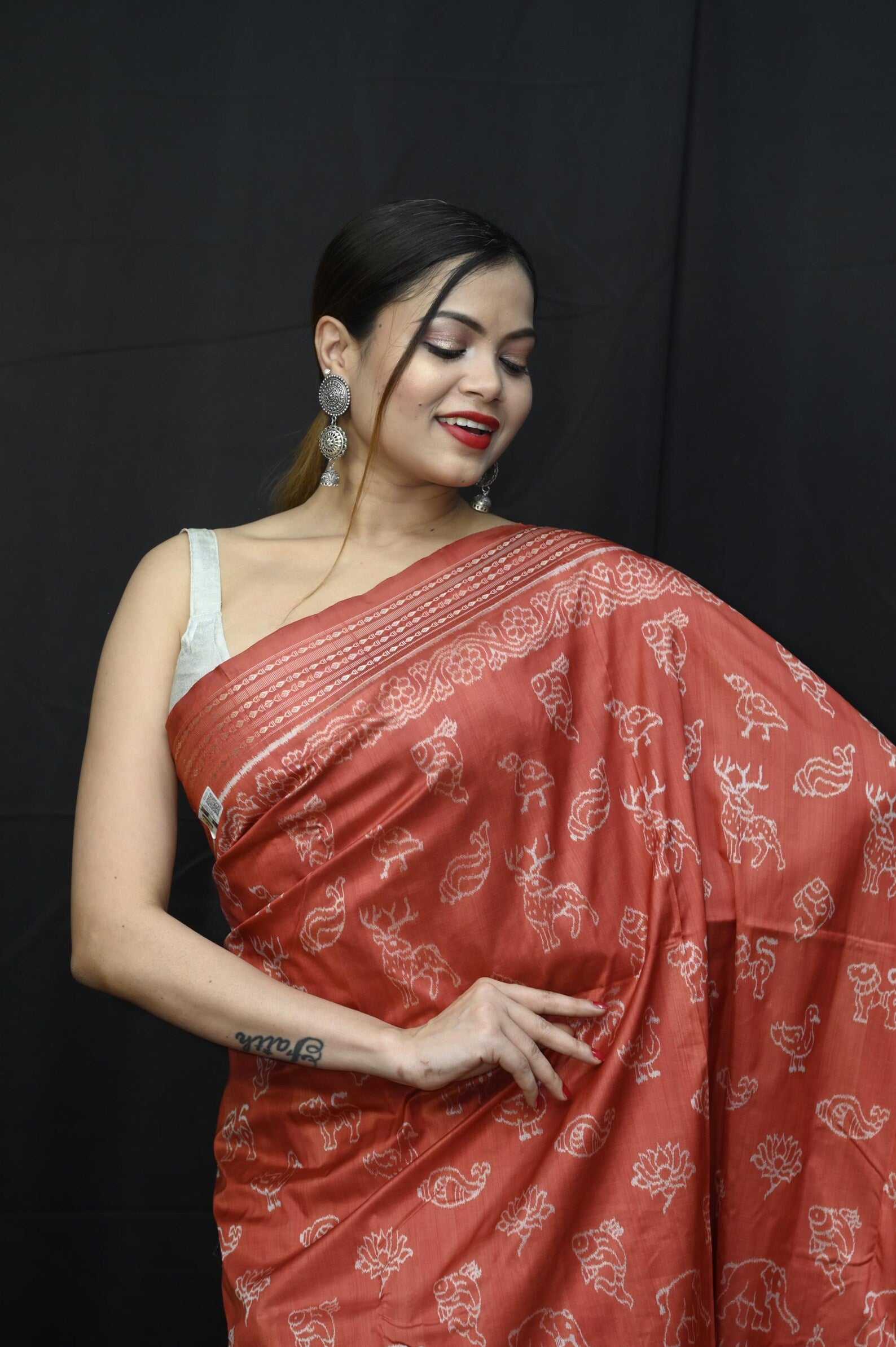 Red Animals Sambalpuri Natural dye Silk Saree