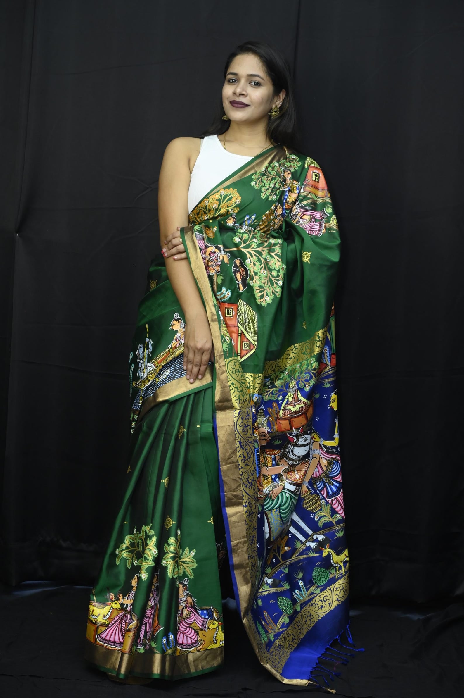 Green Sakuntala Dushmanta Theme Handpainted Pattachitra Kanjeevaram Silk Saree