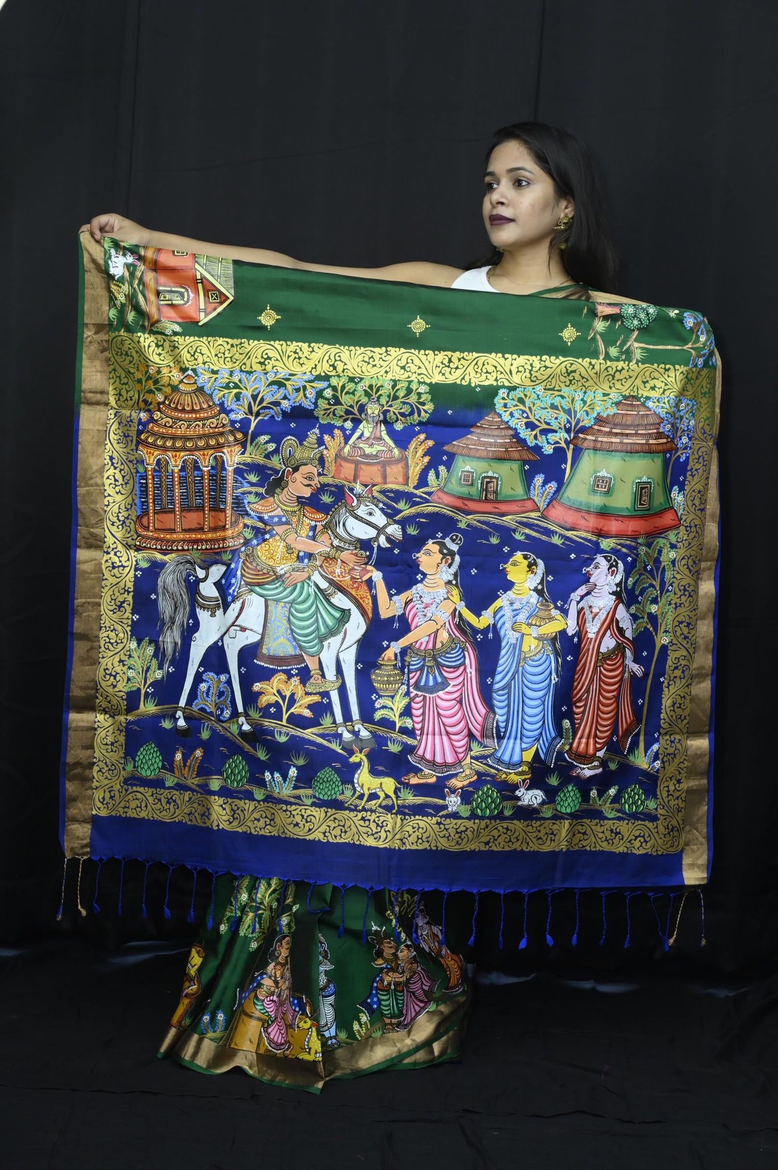 Green Sakuntala Dushmanta Theme Handpainted Pattachitra Kanjeevaram Silk Saree