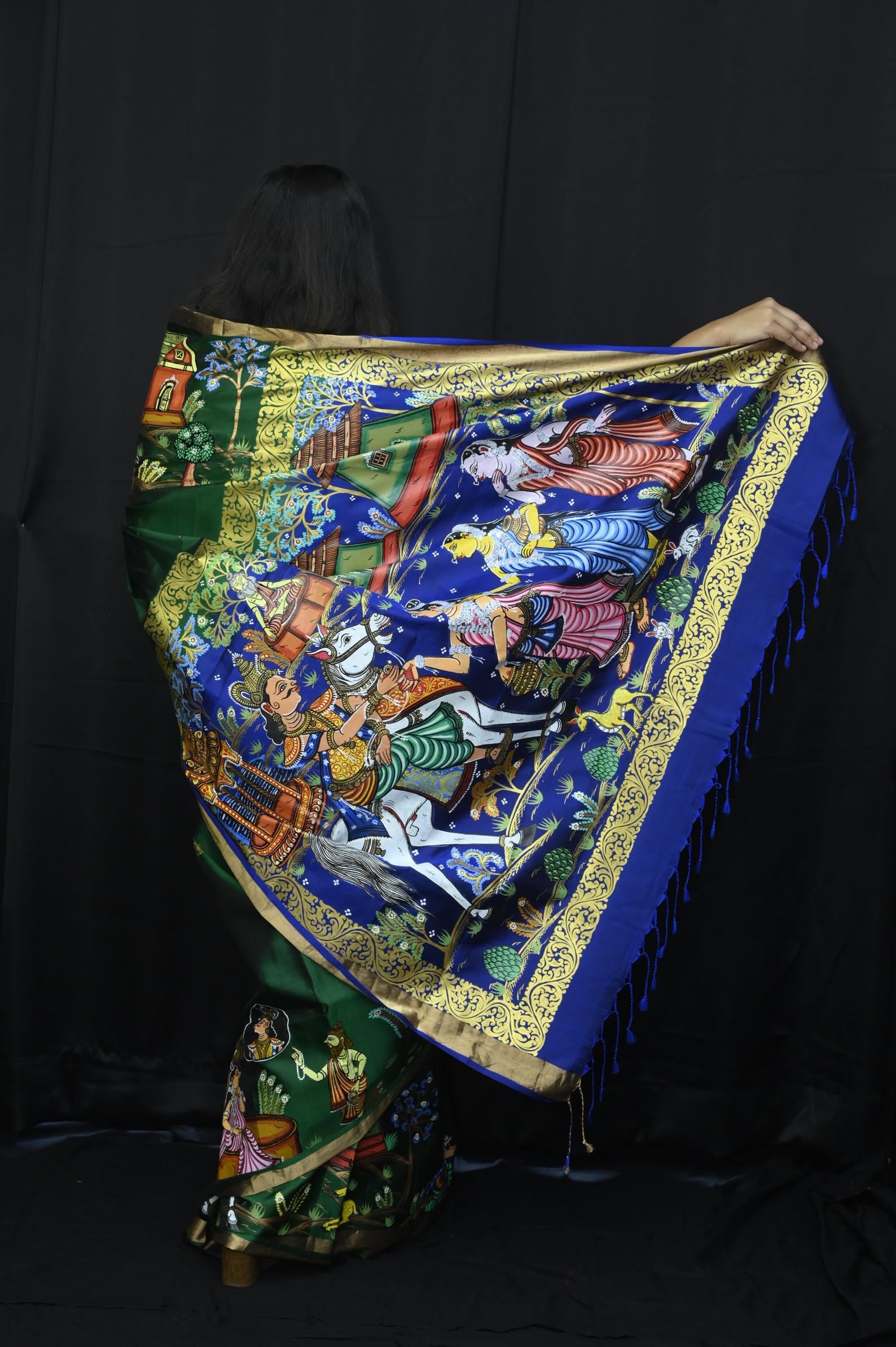 Green Sakuntala Dushmanta Theme Handpainted Pattachitra Kanjeevaram Silk Saree