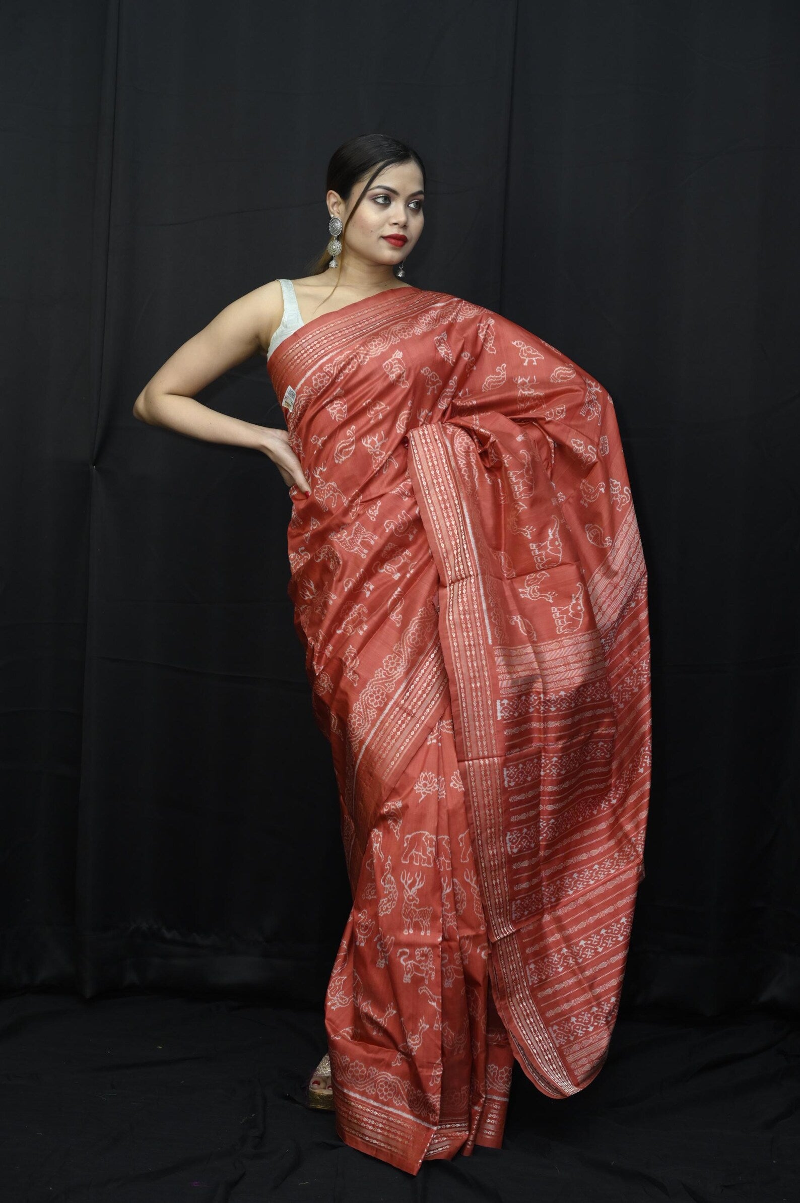 Red Animals Sambalpuri Natural dye Silk Saree