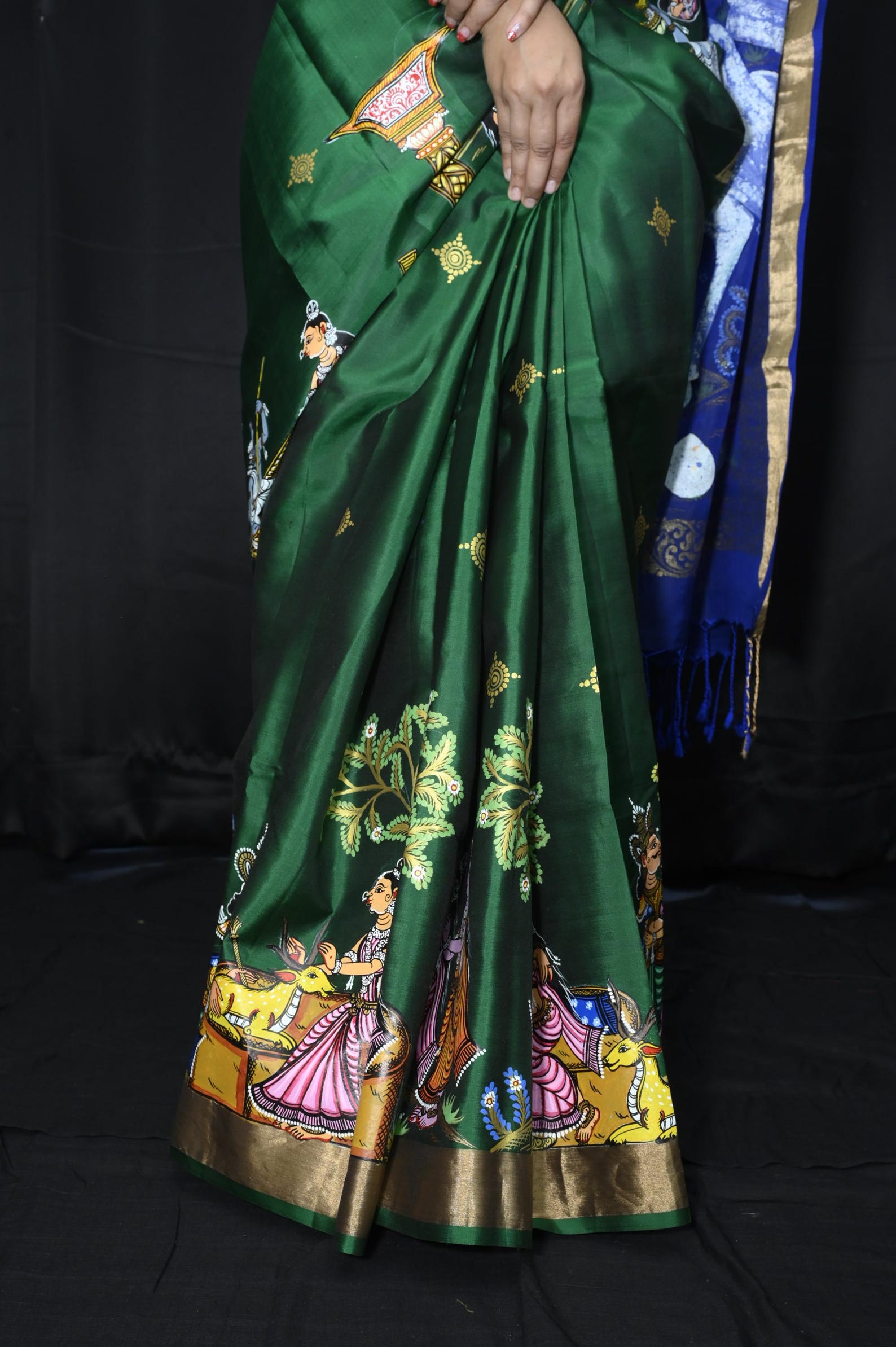 Green Sakuntala Dushmanta Theme Handpainted Pattachitra Kanjeevaram Silk Saree