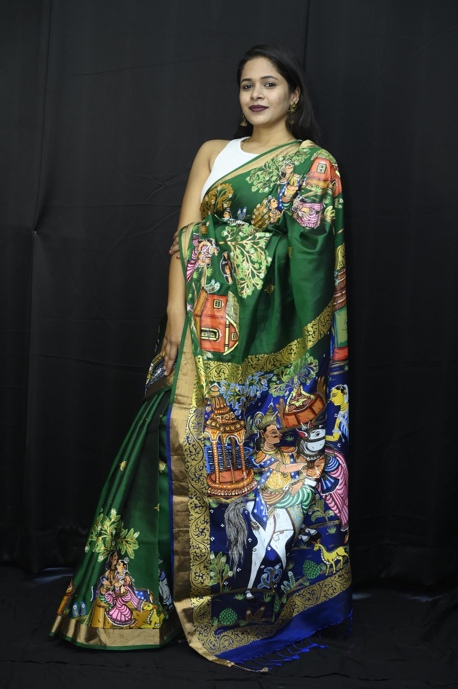 Green Sakuntala Dushmanta Theme Handpainted Pattachitra Kanjeevaram Silk Saree