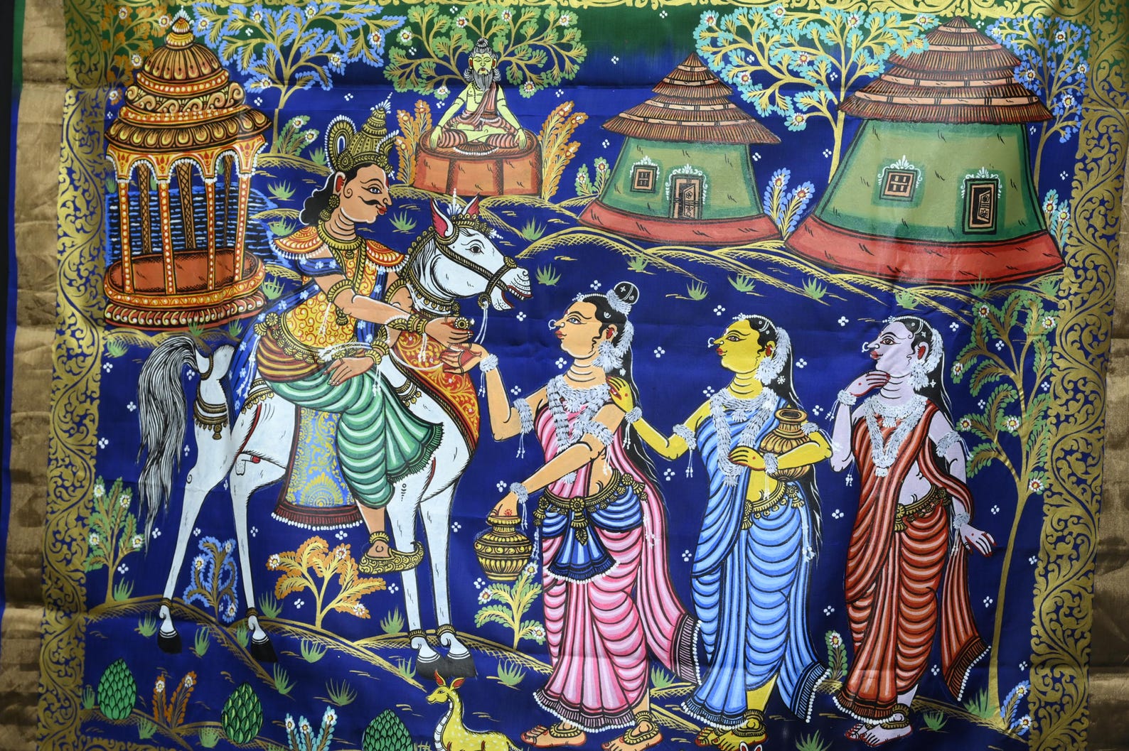 Green Sakuntala Dushmanta Theme Handpainted Pattachitra Kanjeevaram Silk Saree