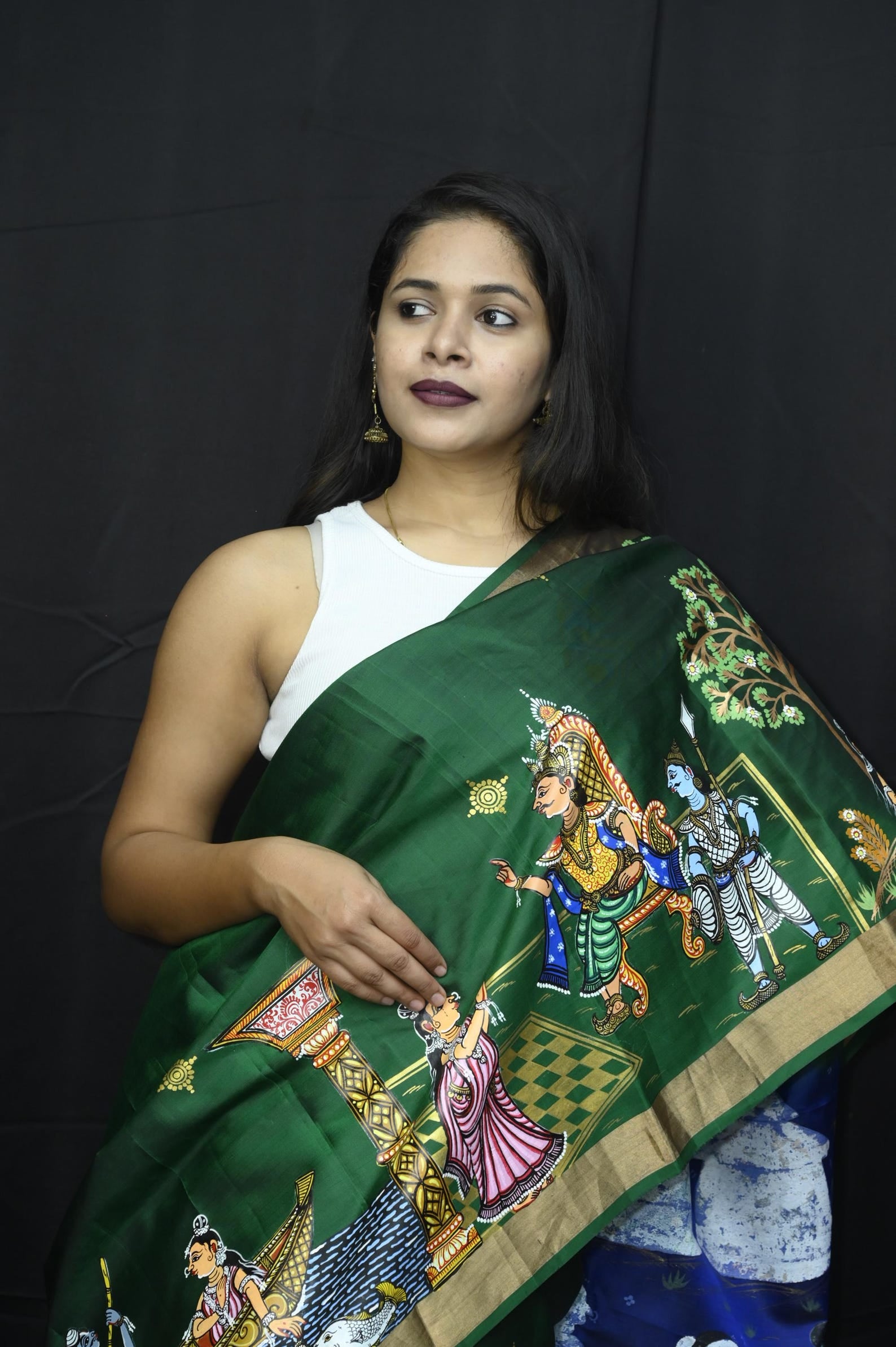 Green Sakuntala Dushmanta Theme Handpainted Pattachitra Kanjeevaram Silk Saree