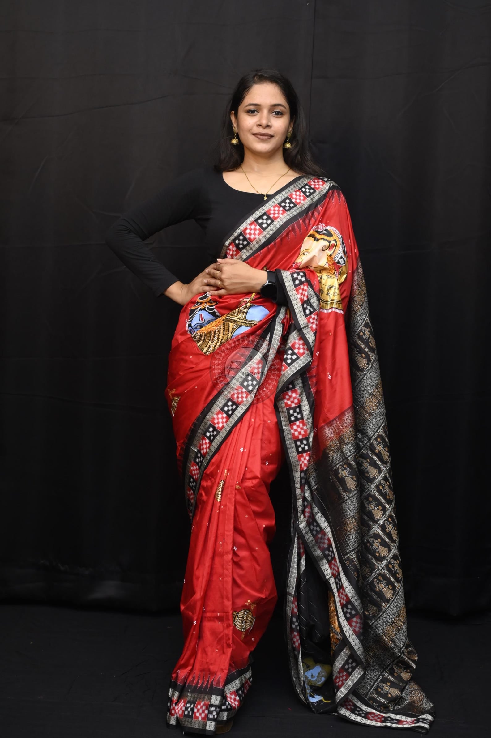 Red Black Nat Khat Kanha Theme Pattachitra Sambalpuri Silk Saree