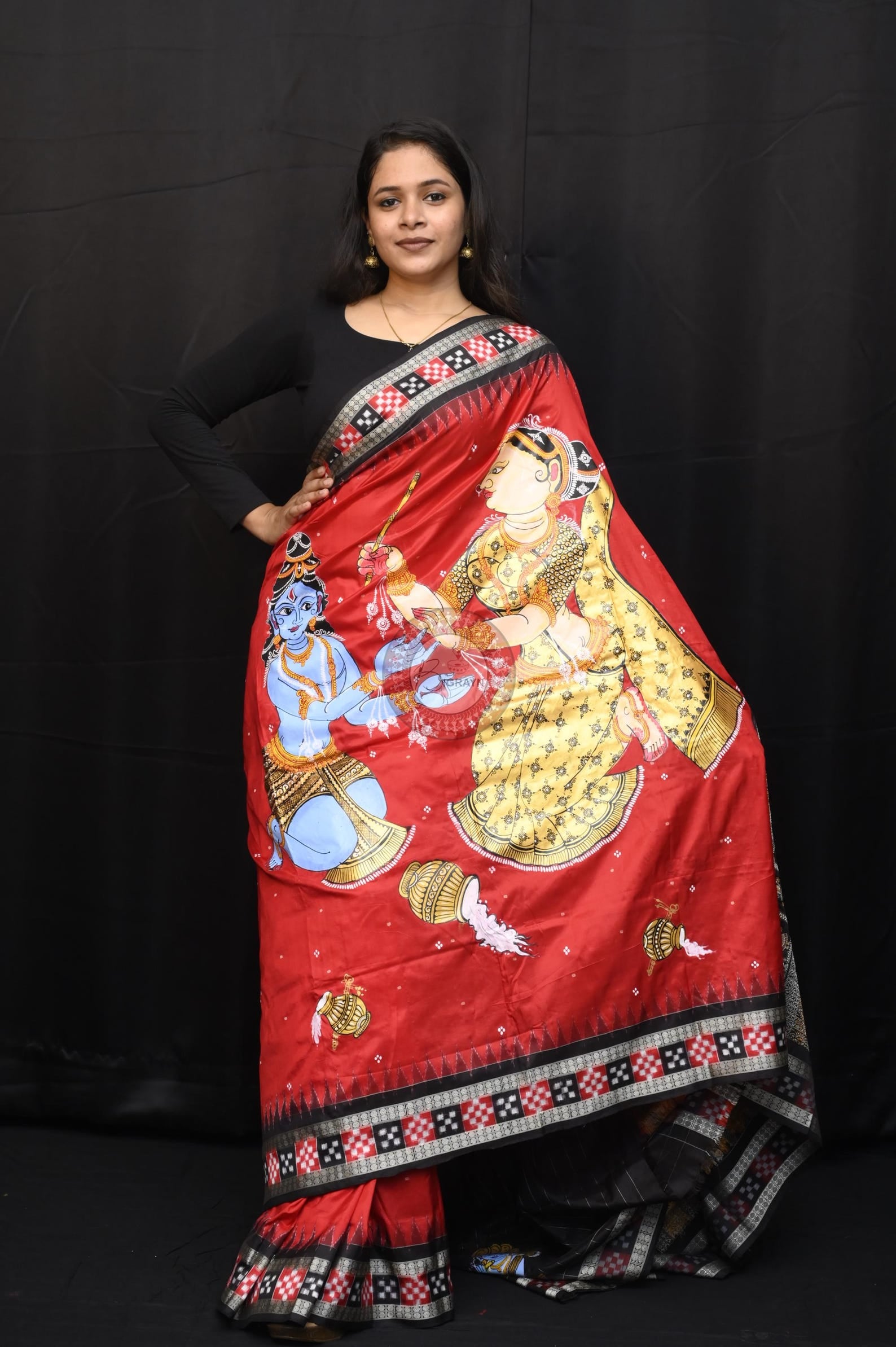 Red Black Nat Khat Kanha Theme Pattachitra Sambalpuri Silk Saree