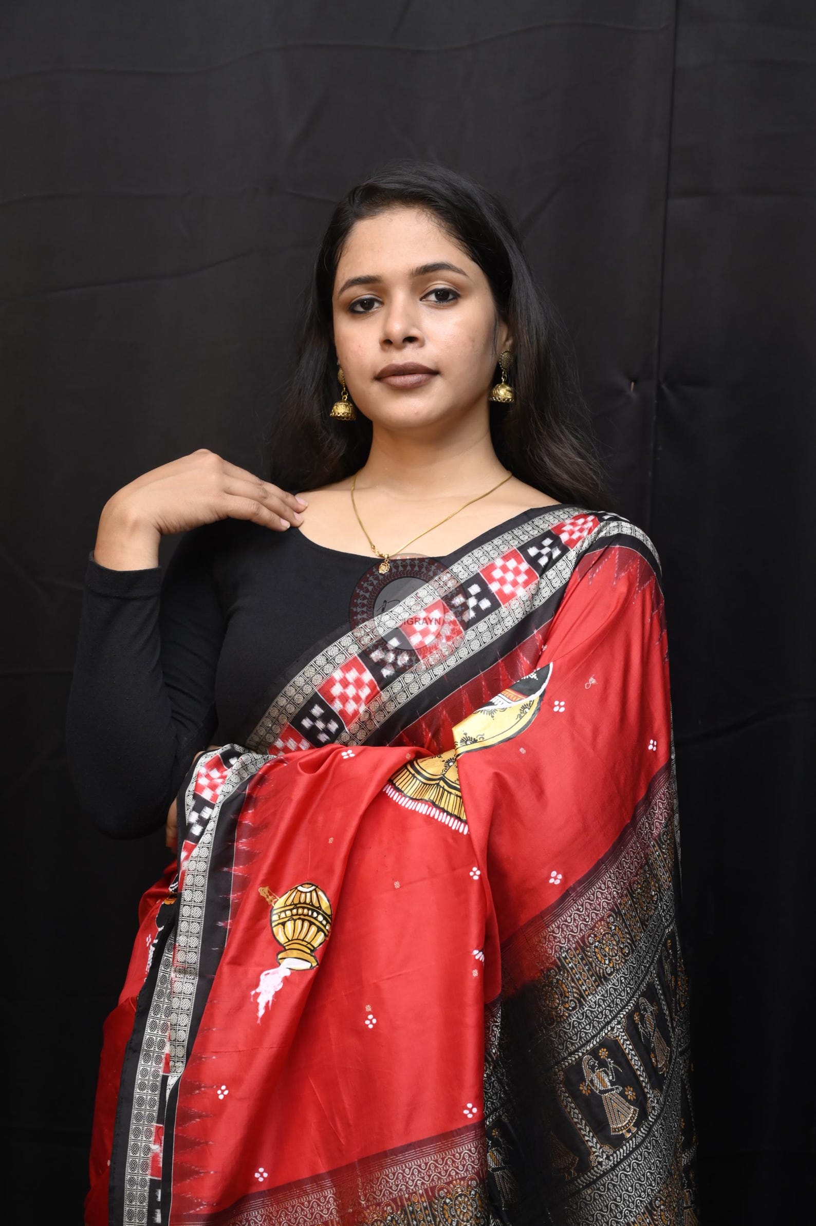 Red Black Nat Khat Kanha Theme Pattachitra Sambalpuri Silk Saree