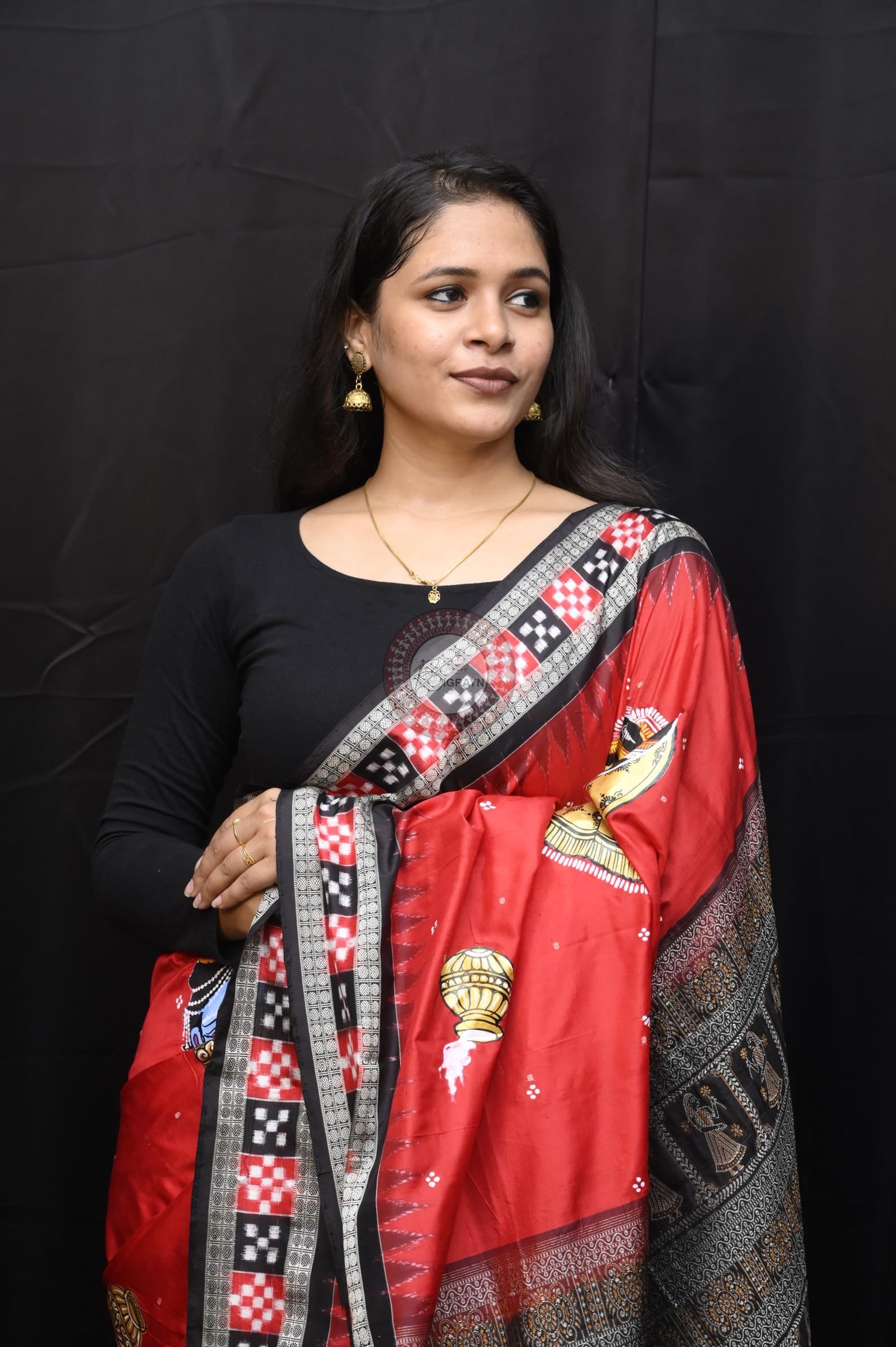 Red Black Nat Khat Kanha Theme Pattachitra Sambalpuri Silk Saree