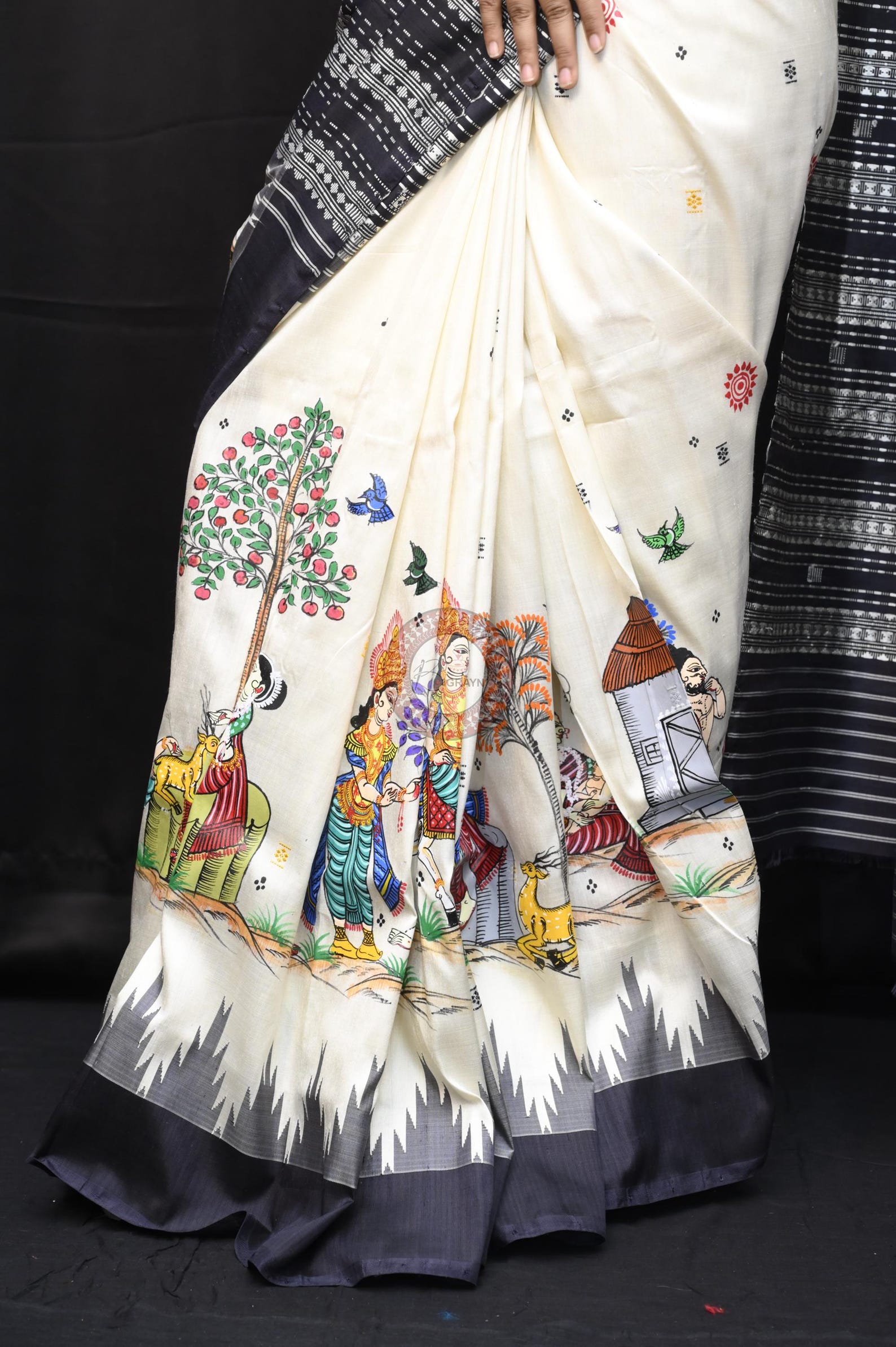White Black Dushmanta Sakuntala Theme Pattachitra Berhampuri Silk Saree