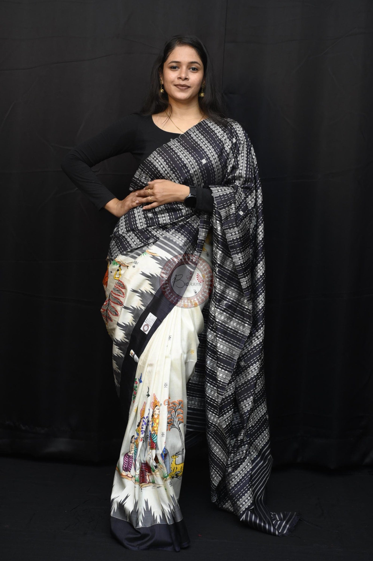 White Black Dushmanta Sakuntala Theme Pattachitra Berhampuri Silk Saree