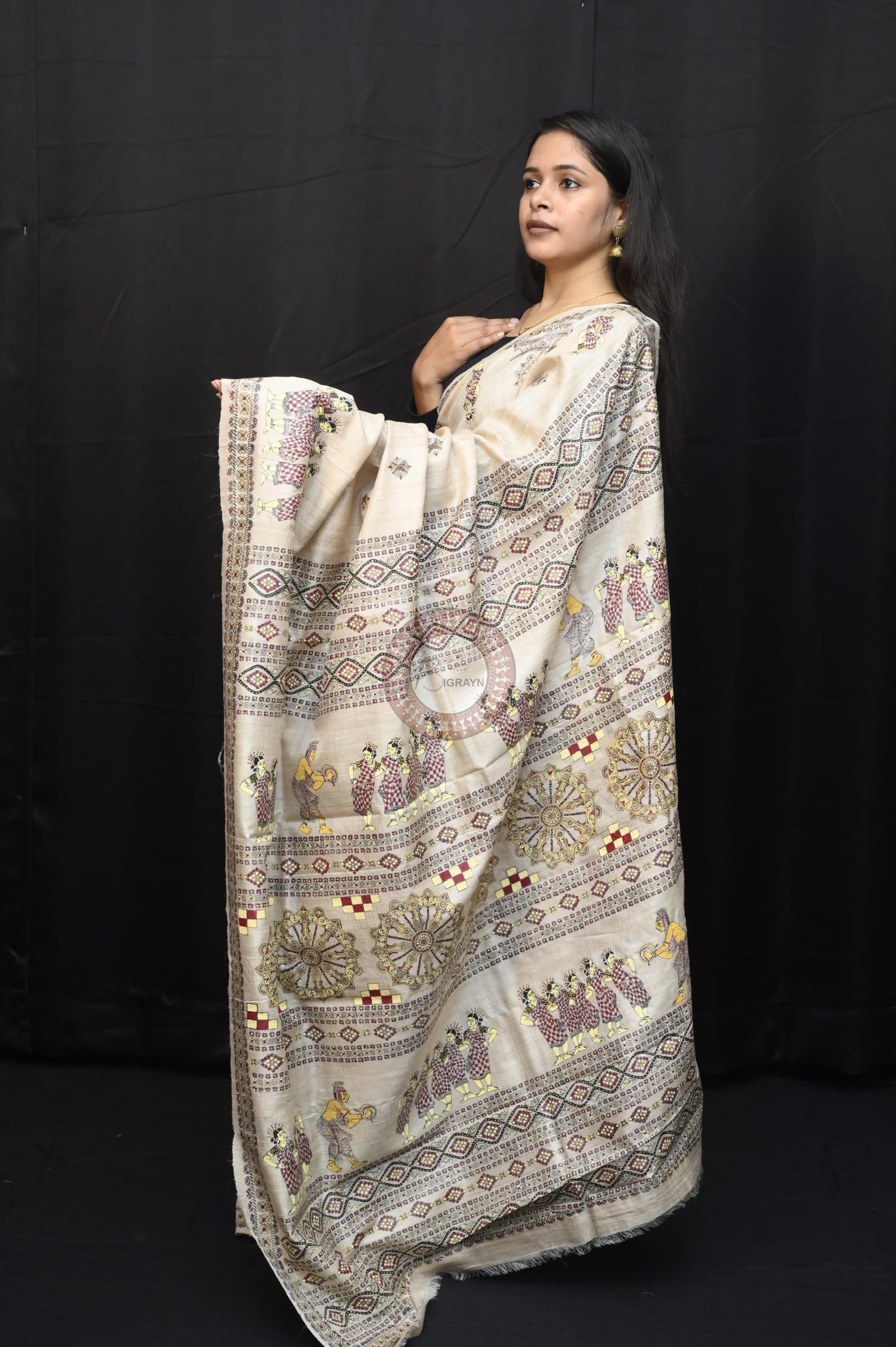 Tussar Colour Sambalpuri Dance Theme Pattachitra Fine Tussar Silk Saree