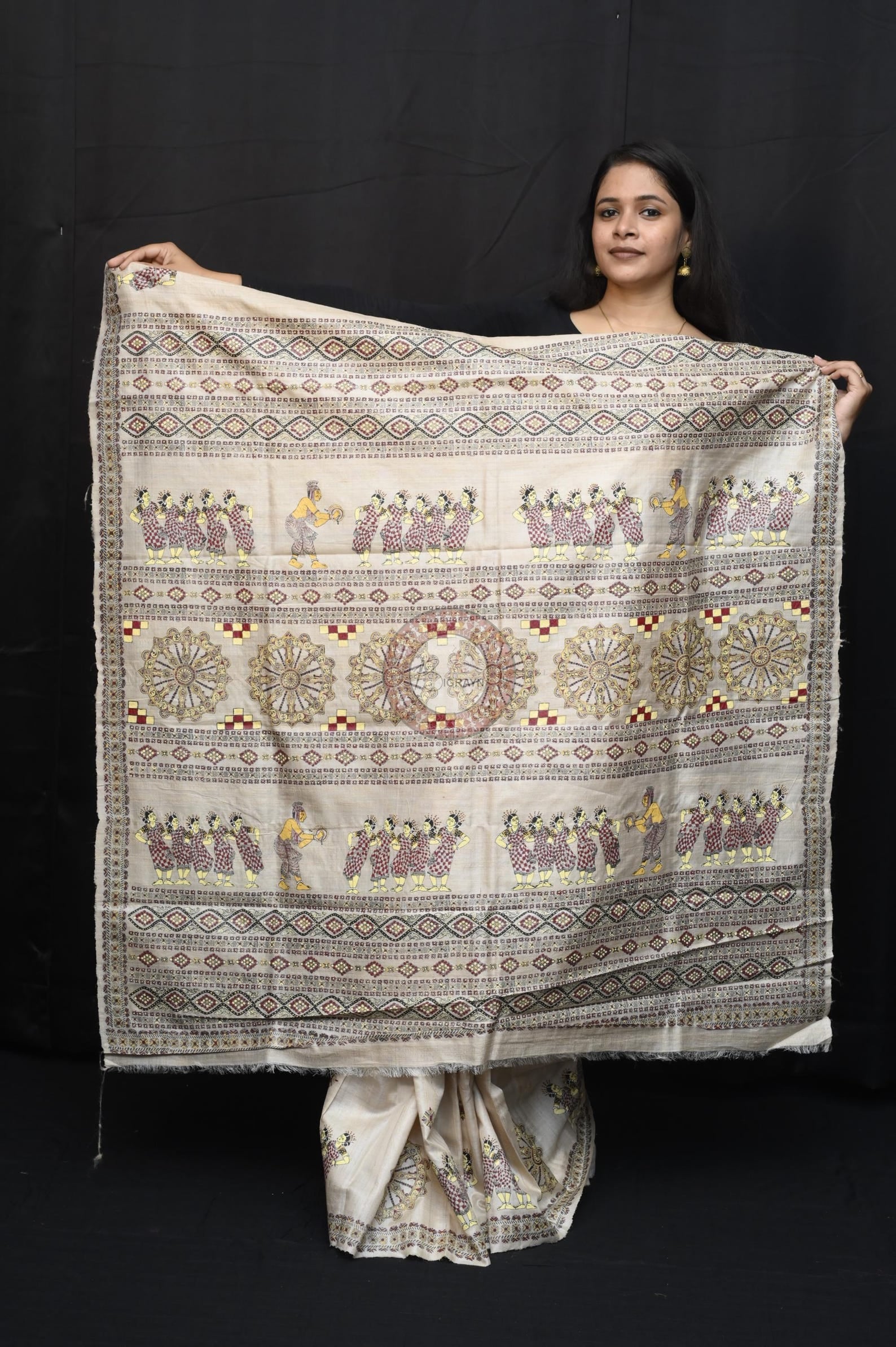 Tussar Colour Sambalpuri Dance Theme Pattachitra Fine Tussar Silk Saree