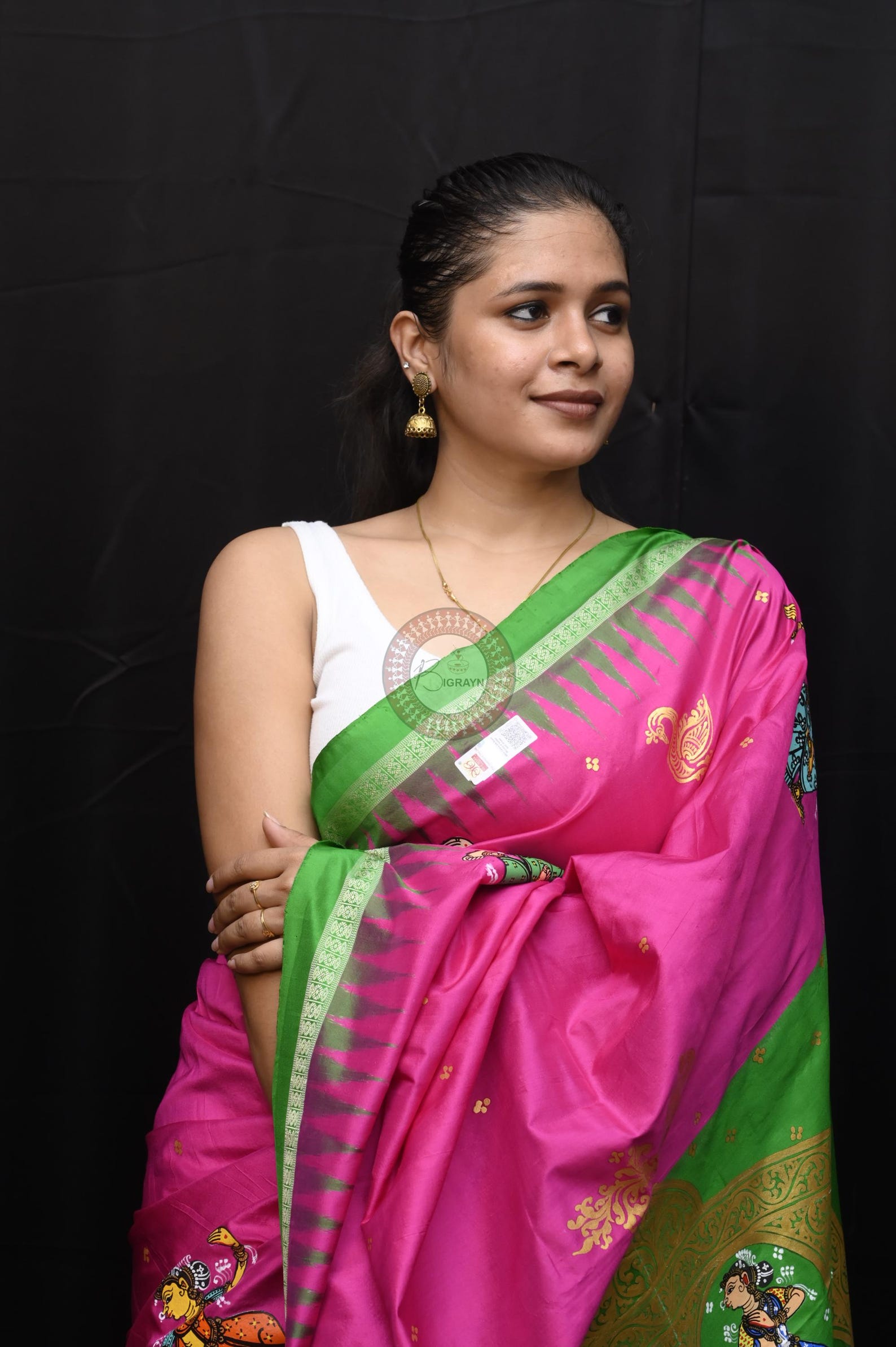 Magenta Green Half Circle Theme Pattachitra Sambalpuri Silk Saree