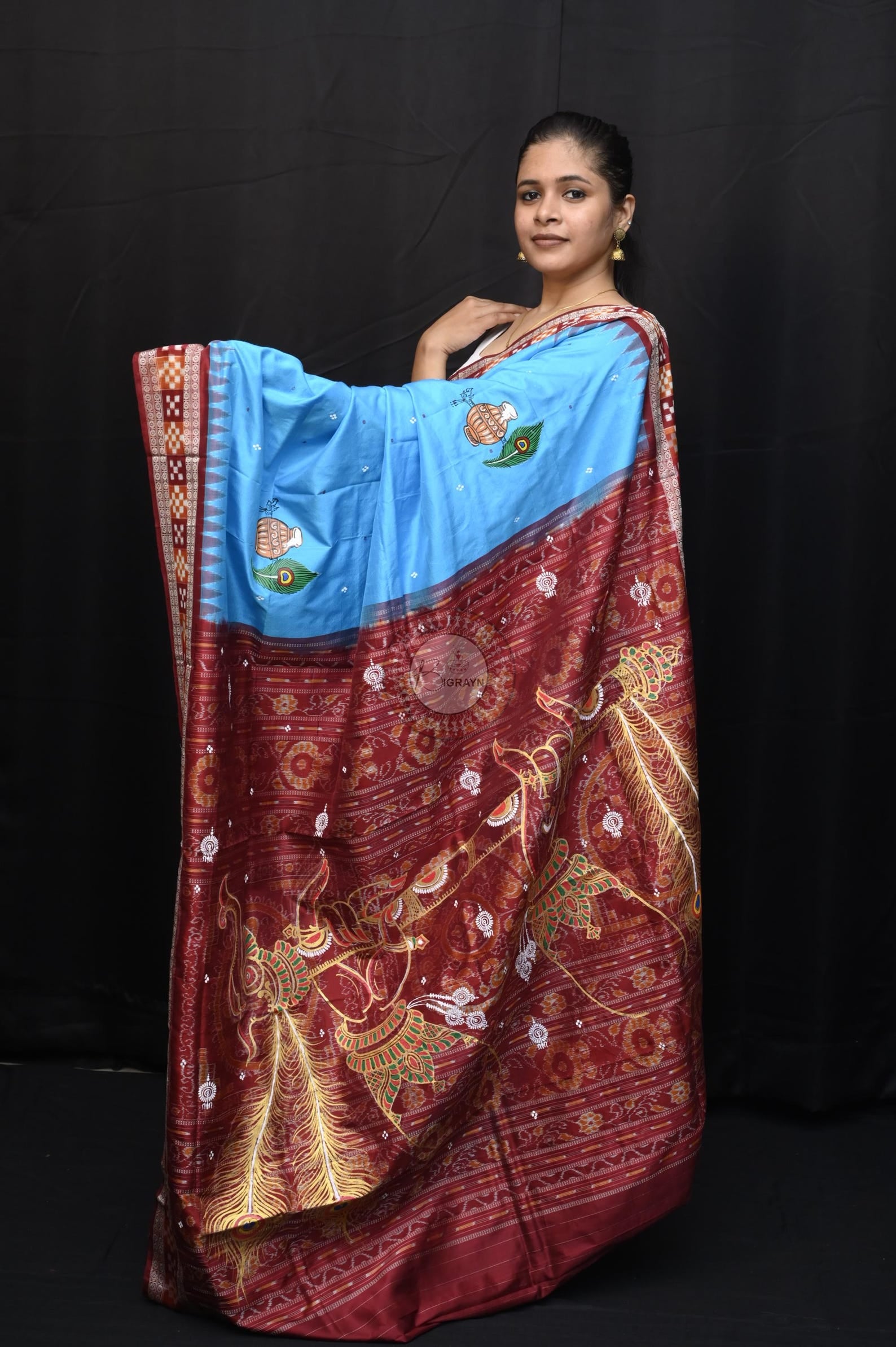 Copper Sulphate Maroon Adrushya Banshi Theme Pattachitra Sambalpuri Silk Saree