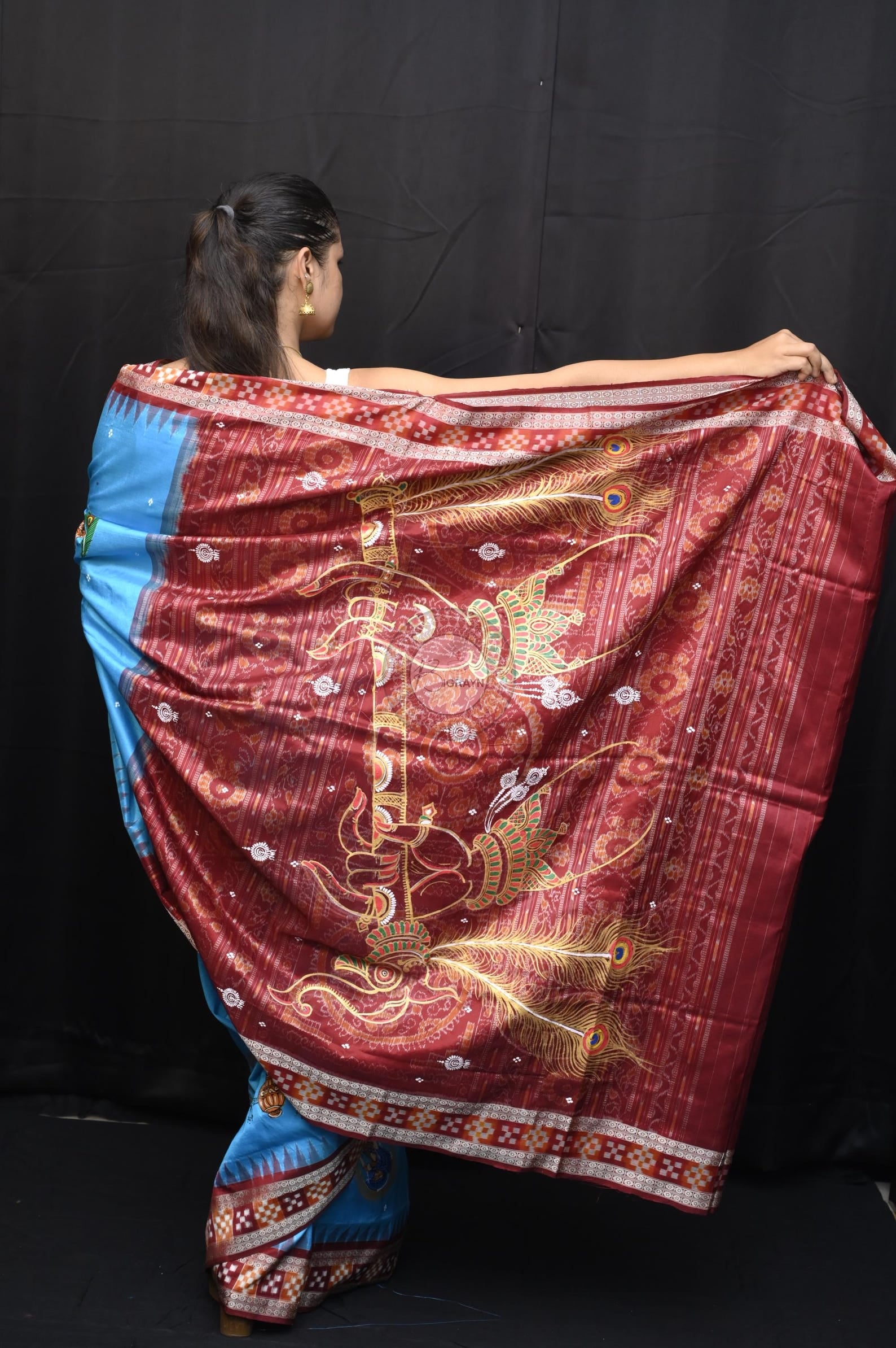 Copper Sulphate Maroon Adrushya Banshi Theme Pattachitra Sambalpuri Silk Saree