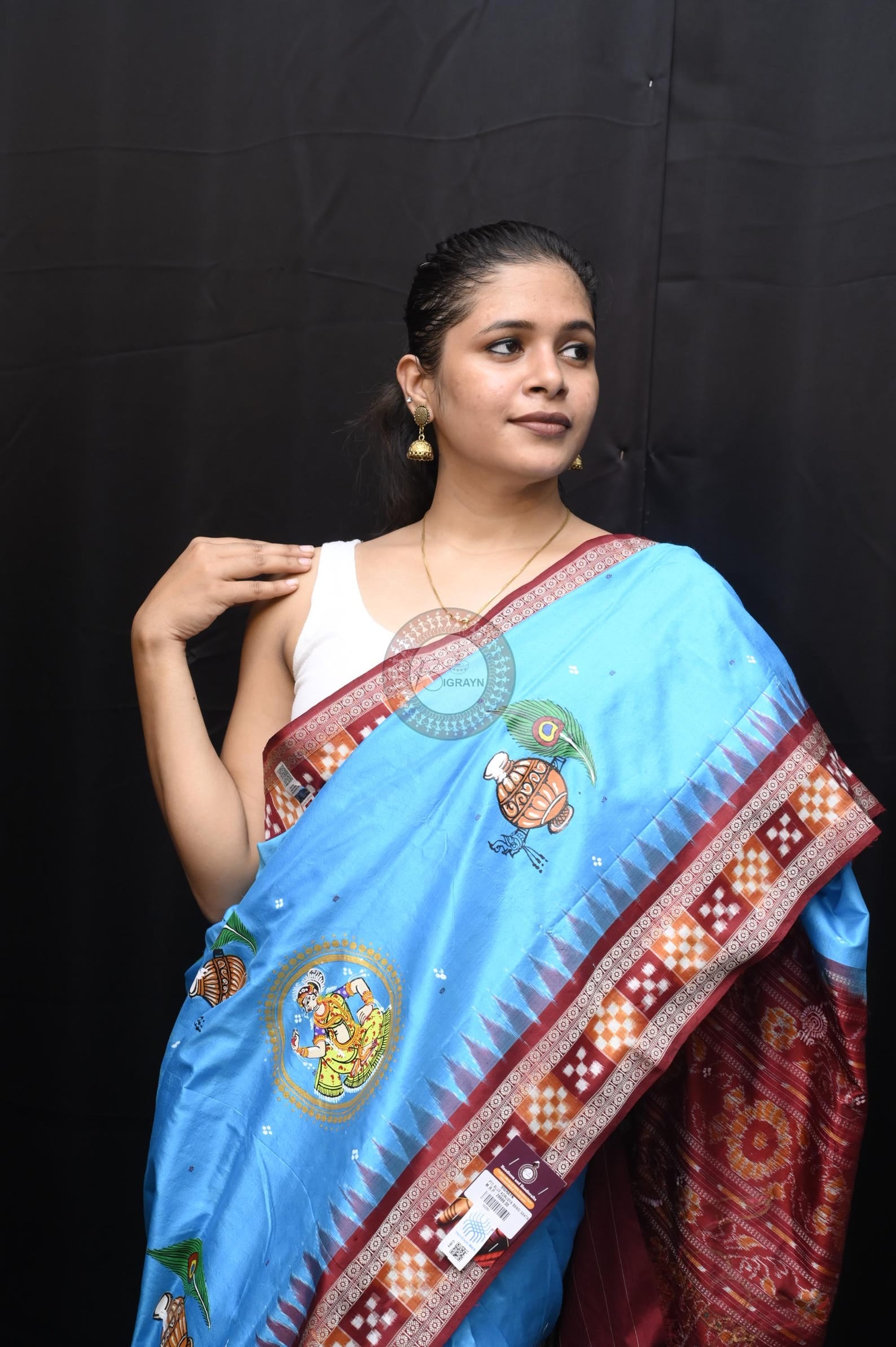 Copper Sulphate Maroon Adrushya Banshi Theme Pattachitra Sambalpuri Silk Saree