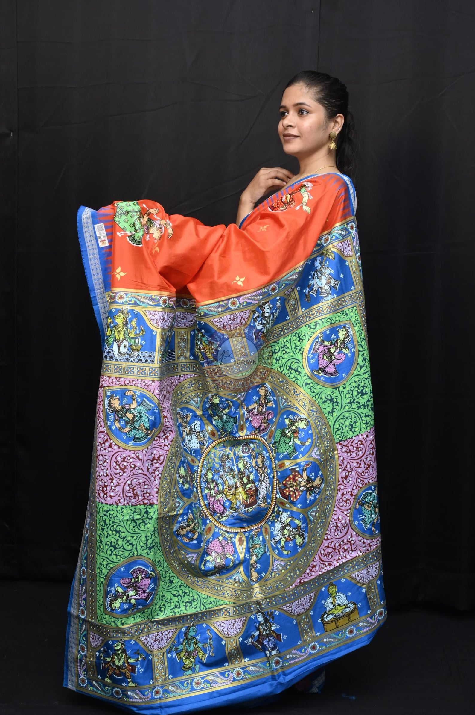 Orange Blue Dash Avatara Theme Pattachitra Sambalpuri Silk Saree