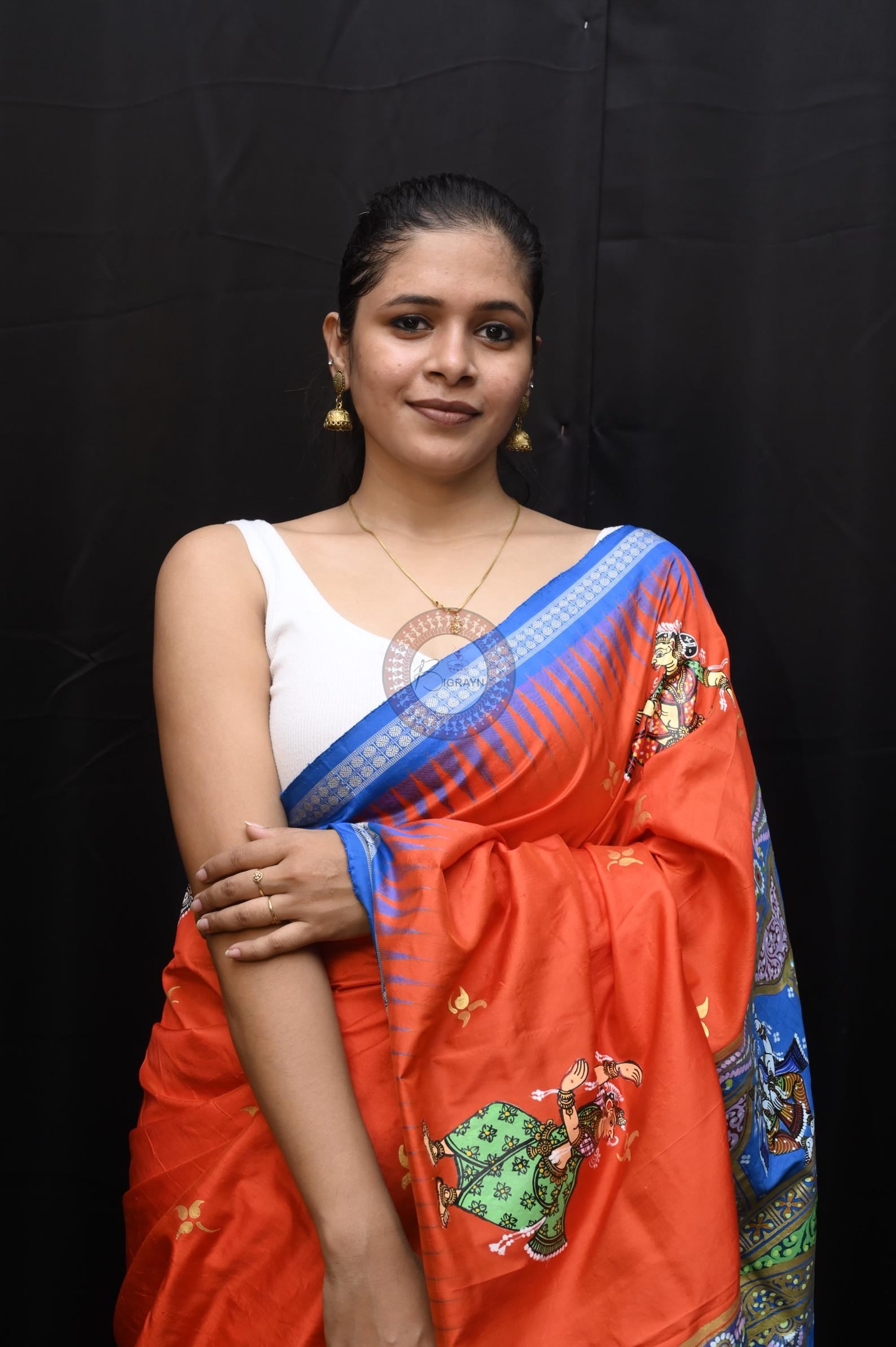 Orange Blue Dash Avatara Theme Pattachitra Sambalpuri Silk Saree