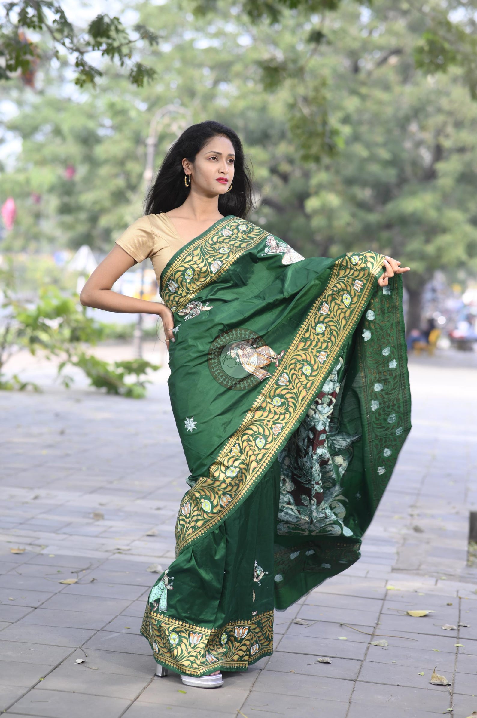 Green Multi Colour Kandarp Ratha Theme Pattachitra Sambalpuri Silk Saree