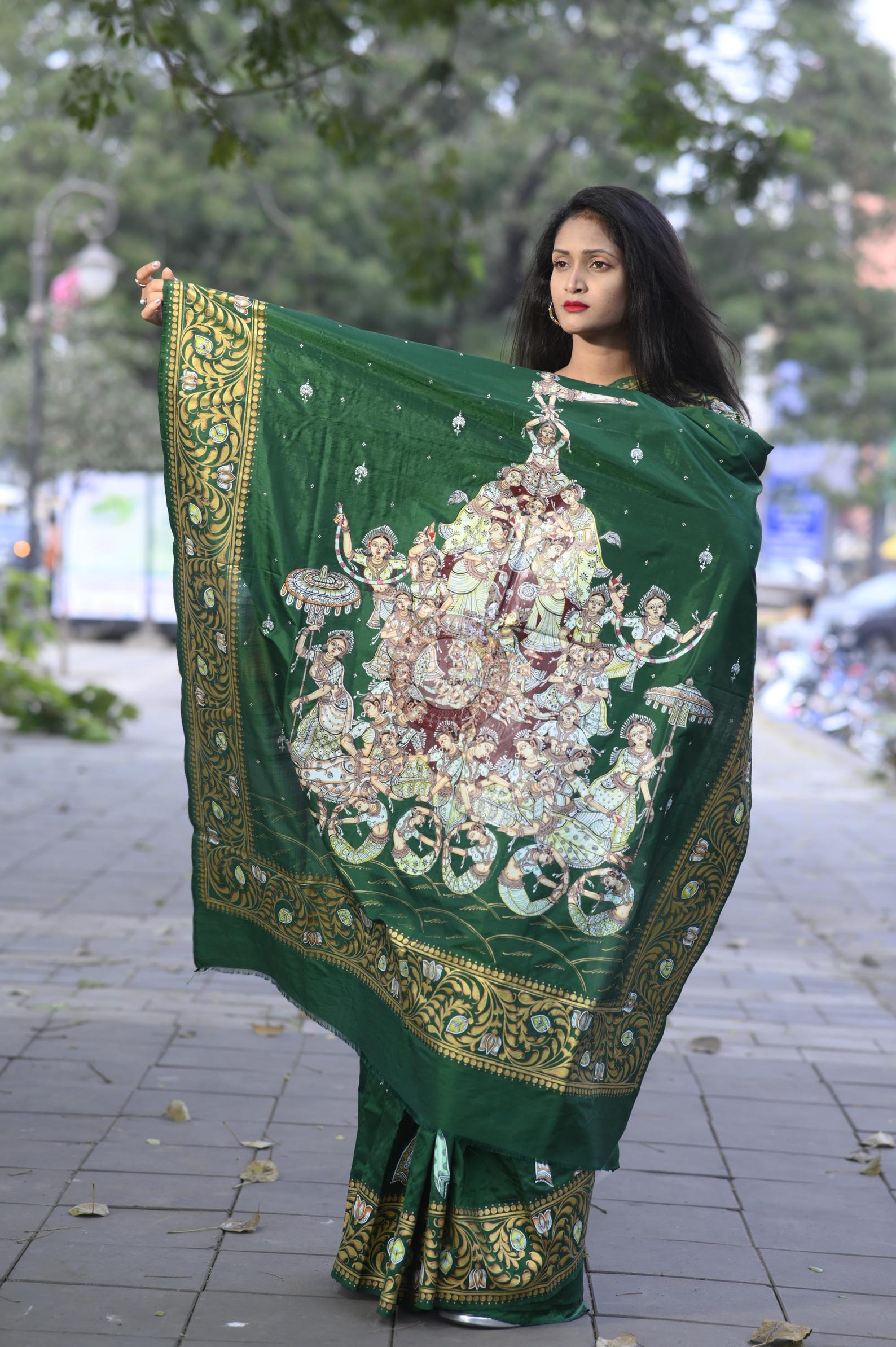 Green Multi Colour Kandarp Ratha Theme Pattachitra Sambalpuri Silk Saree