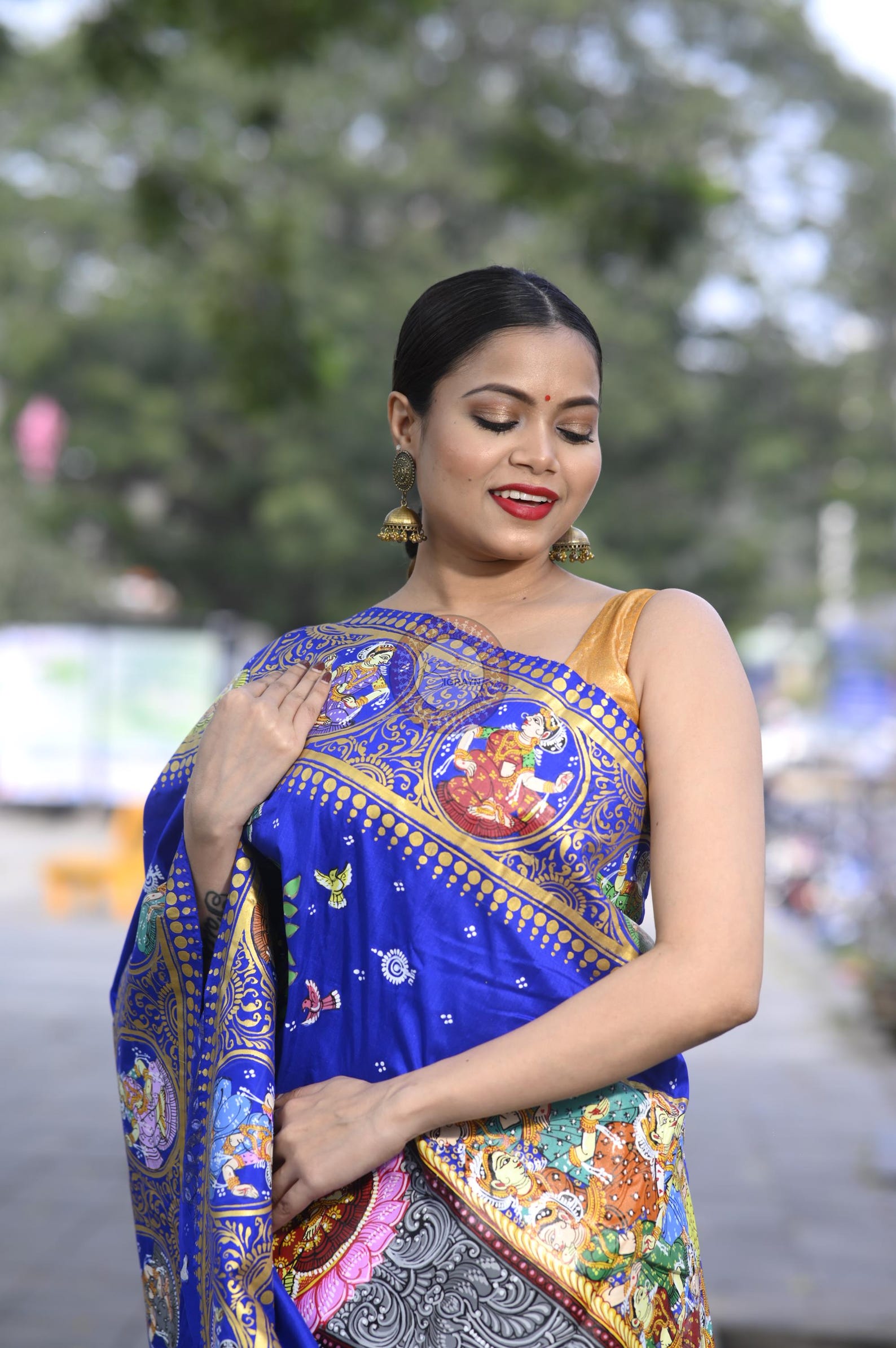 Blue Multi Colour Kandarp Elephant Theme Pattachitra Sambalpuri Silk Saree