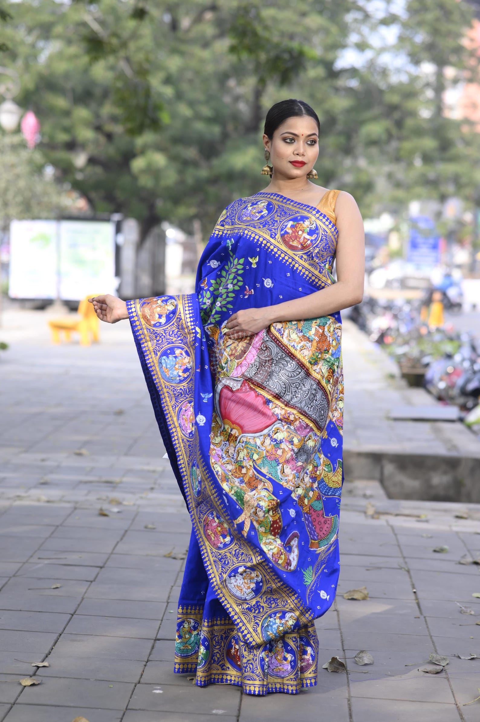 Blue Multi Colour Kandarp Elephant Theme Pattachitra Sambalpuri Silk Saree