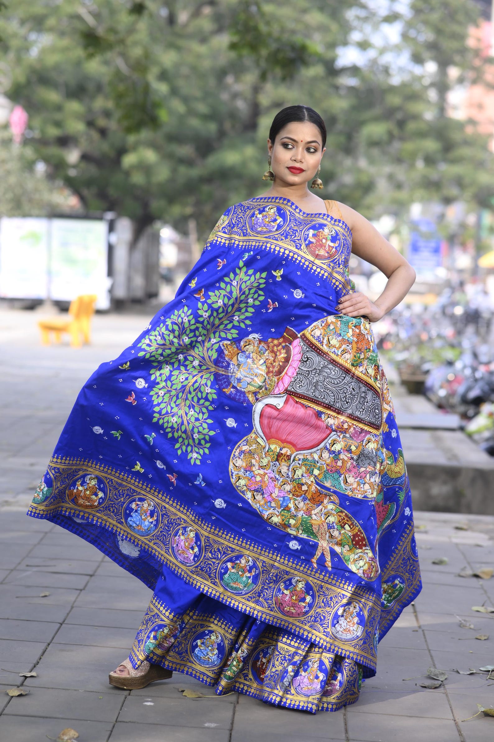 Blue Multi Colour Kandarp Elephant Theme Pattachitra Sambalpuri Silk Saree