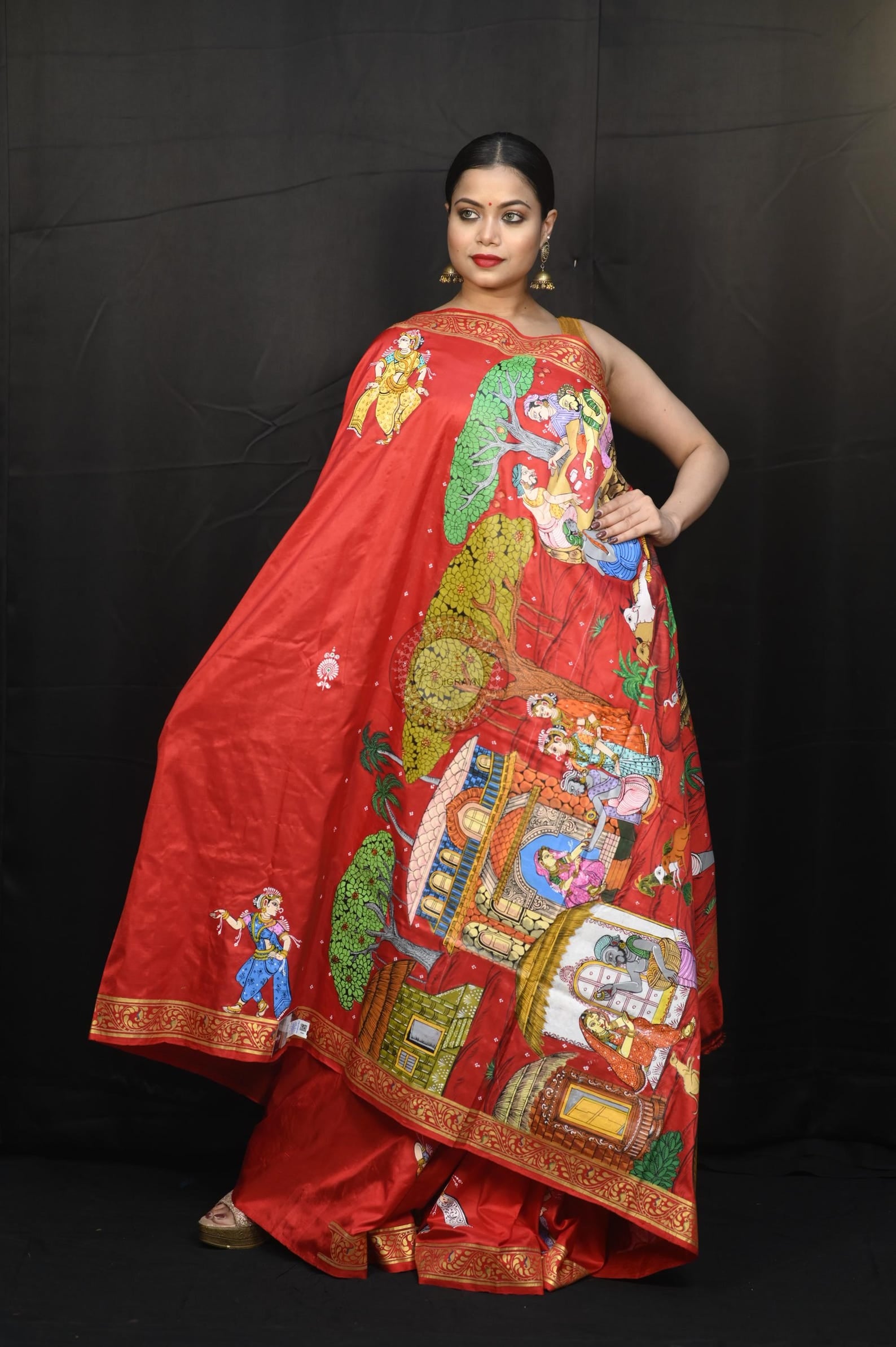 Red Budha Sankhari Story Theme Pattachitra Sambalpuri Silk Saree