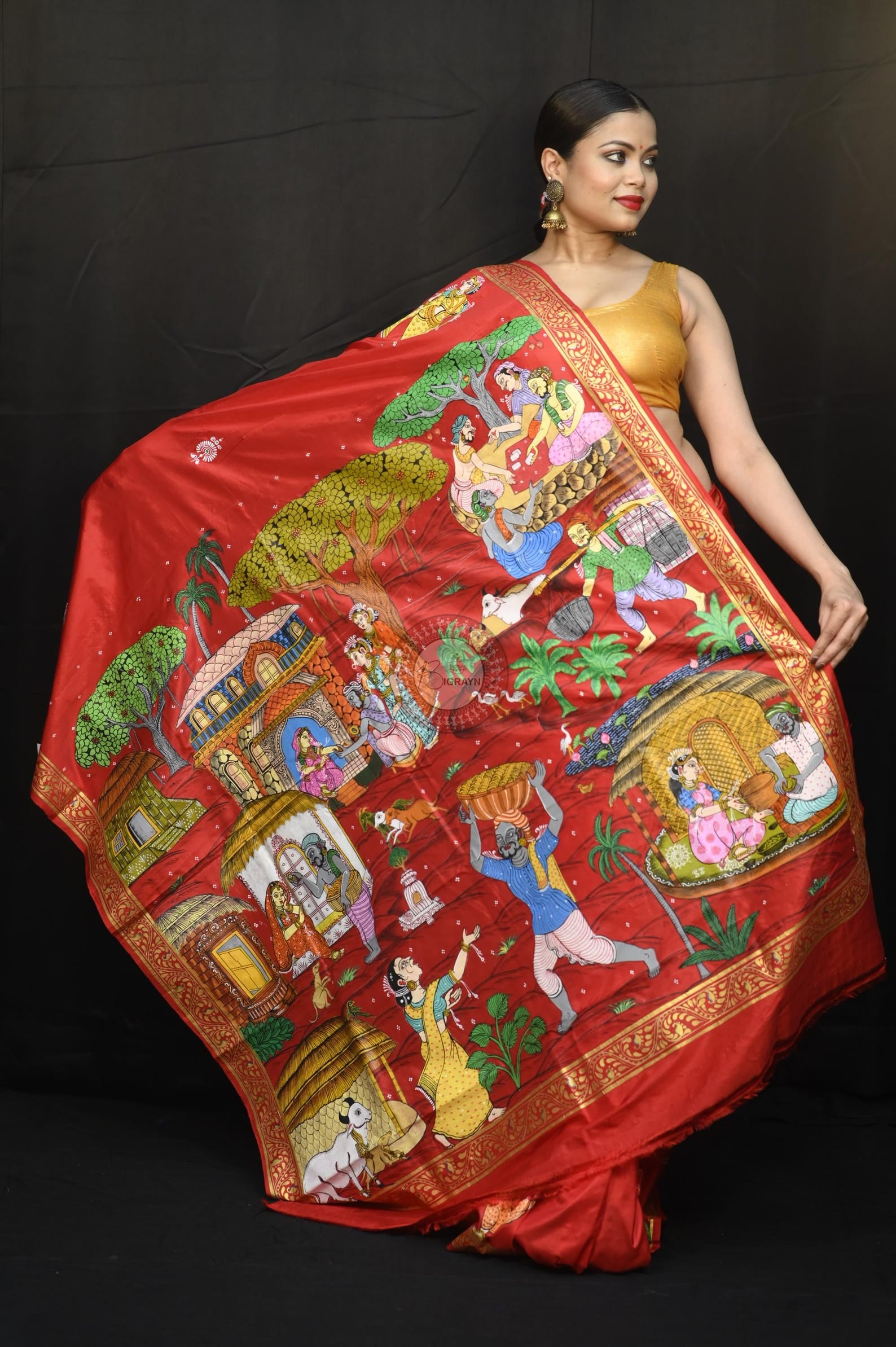 Red Budha Sankhari Story Theme Pattachitra Sambalpuri Silk Saree