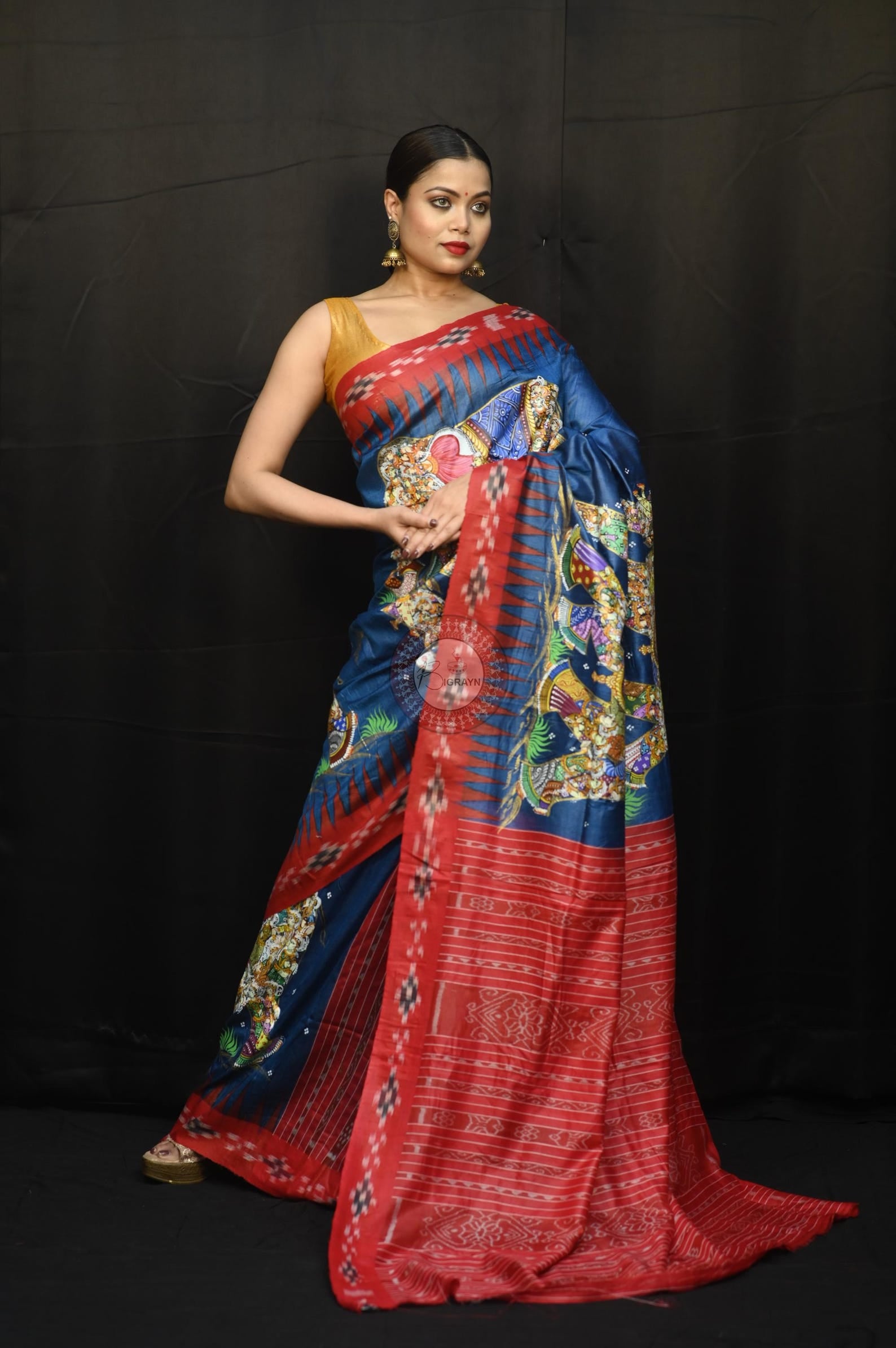 Teal Blue Red 7 Figure Kandarpa Hasti Pattachitra Partly Fine Tussar Silk Saree