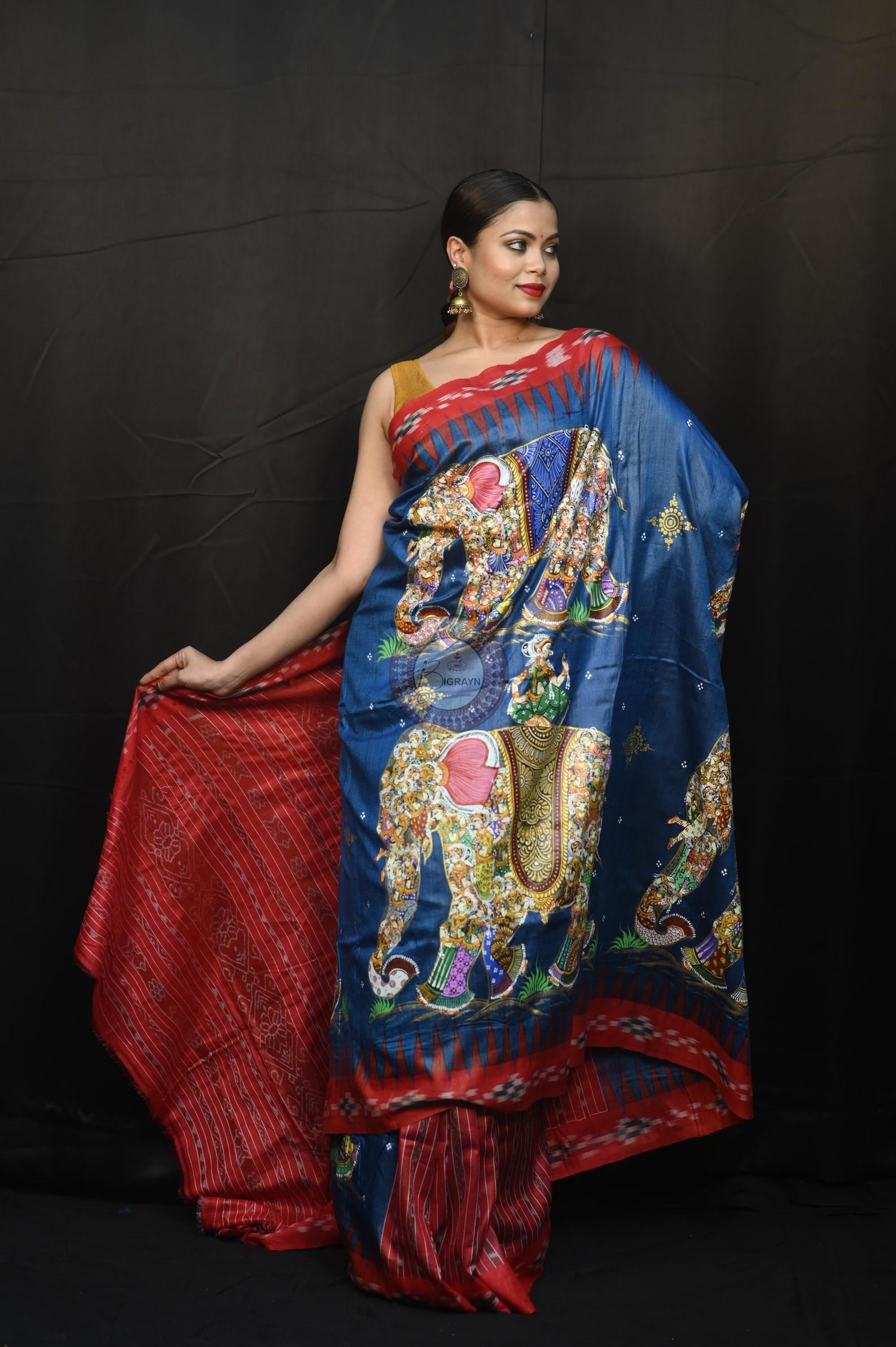 Teal Blue Red 7 Figure Kandarpa Hasti Pattachitra Partly Fine Tussar Silk Saree