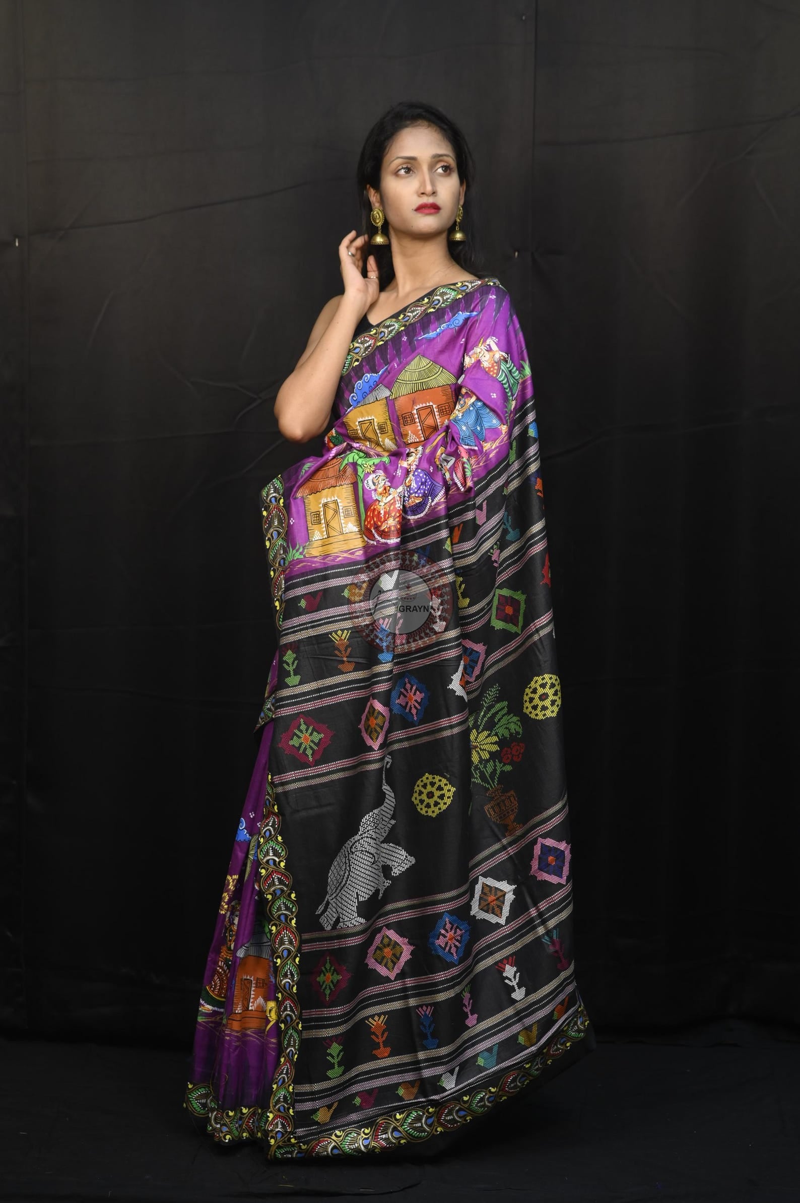Purple Black Full Body Village Theme Pattachitra Fine Tussar Silk Saree