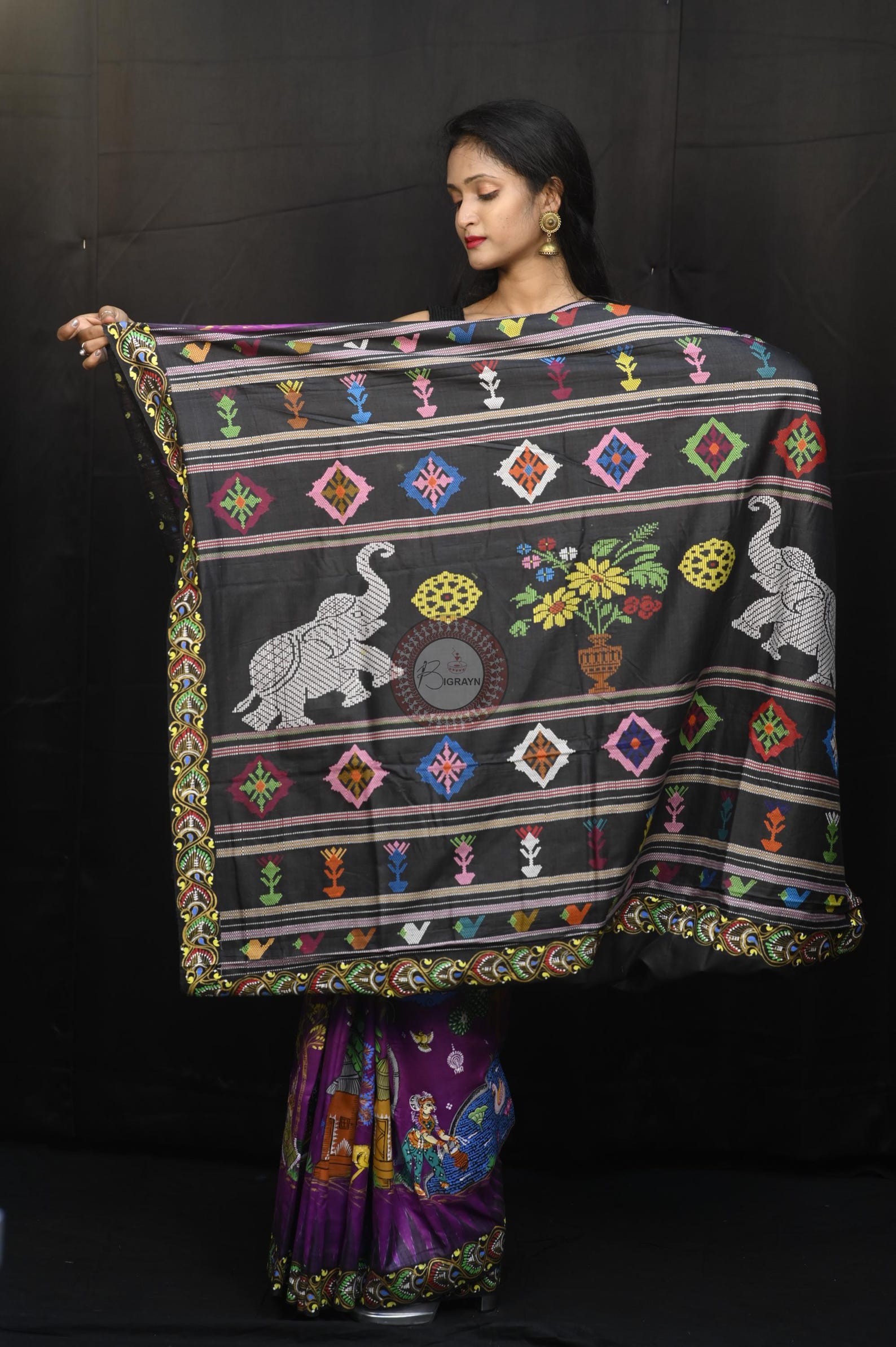 Purple Black Full Body Village Theme Pattachitra Fine Tussar Silk Saree