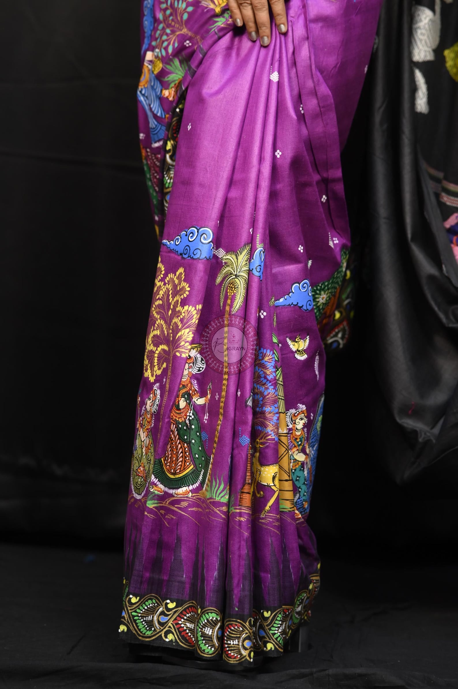 Purple Black Full Body Village Theme Pattachitra Fine Tussar Silk Saree