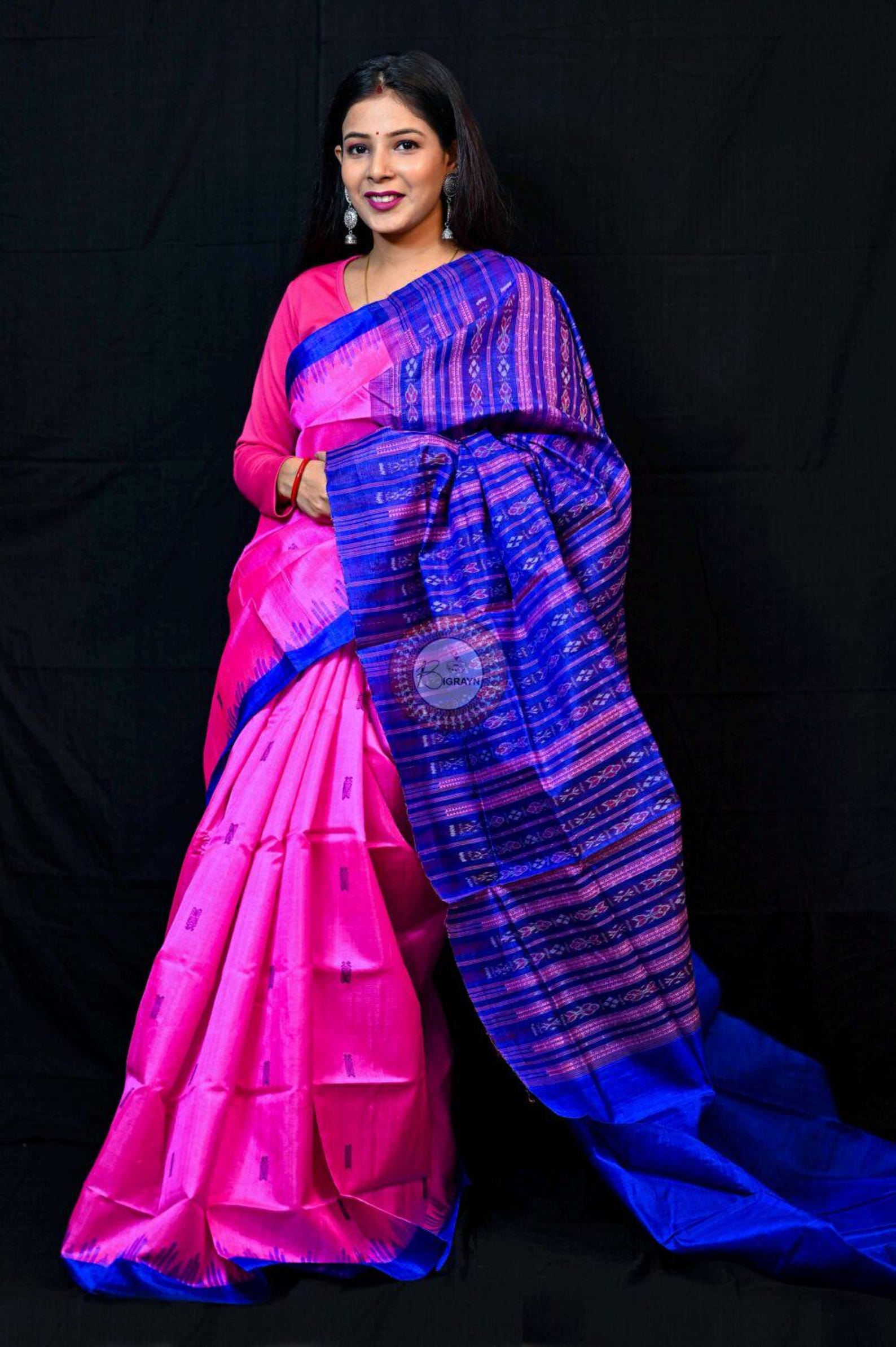 Pink Blue Fish Buti Phoda Kumbha Tussar Saree
