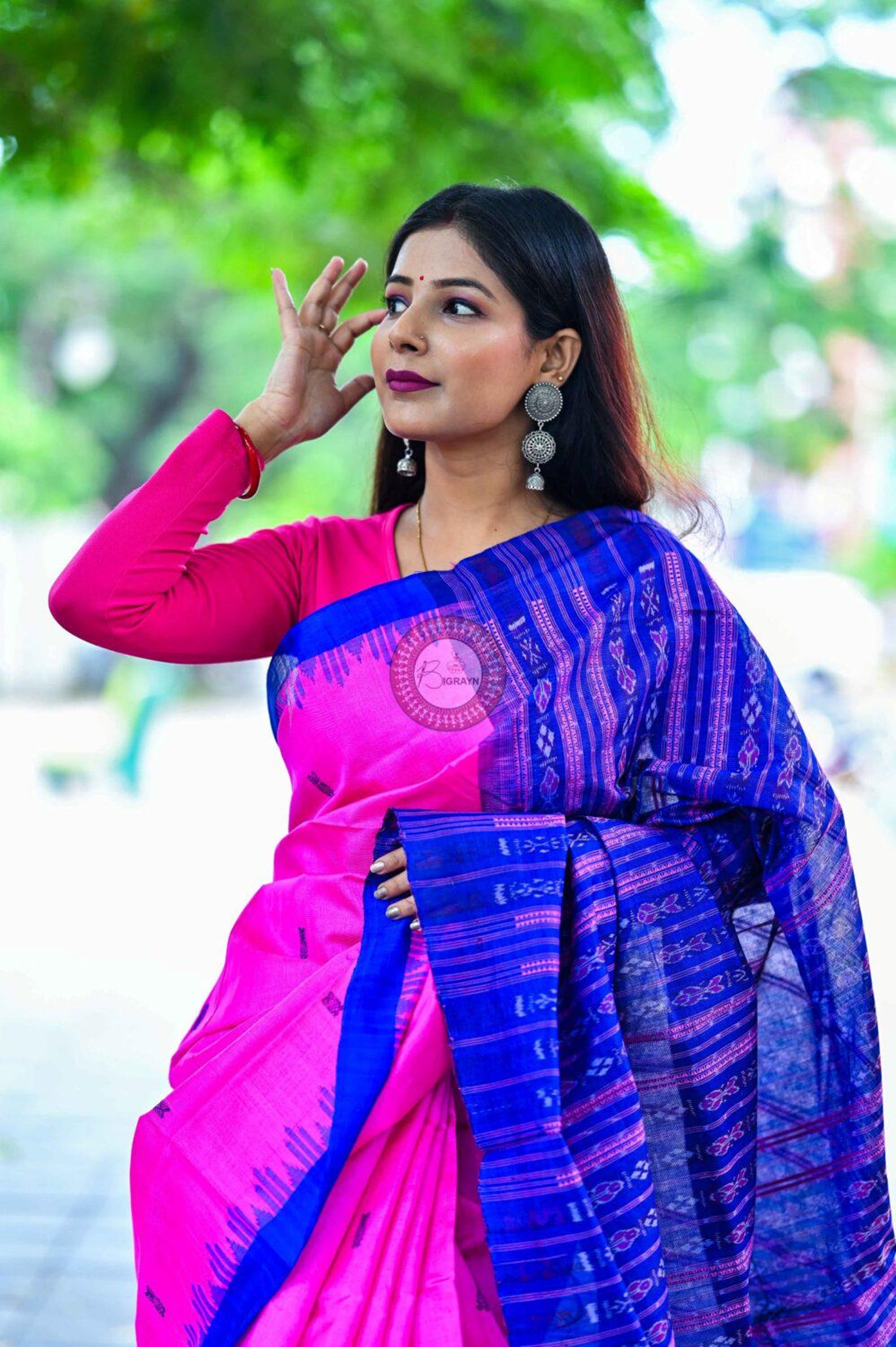 Pink Blue Fish Buti Phoda Kumbha Tussar Saree