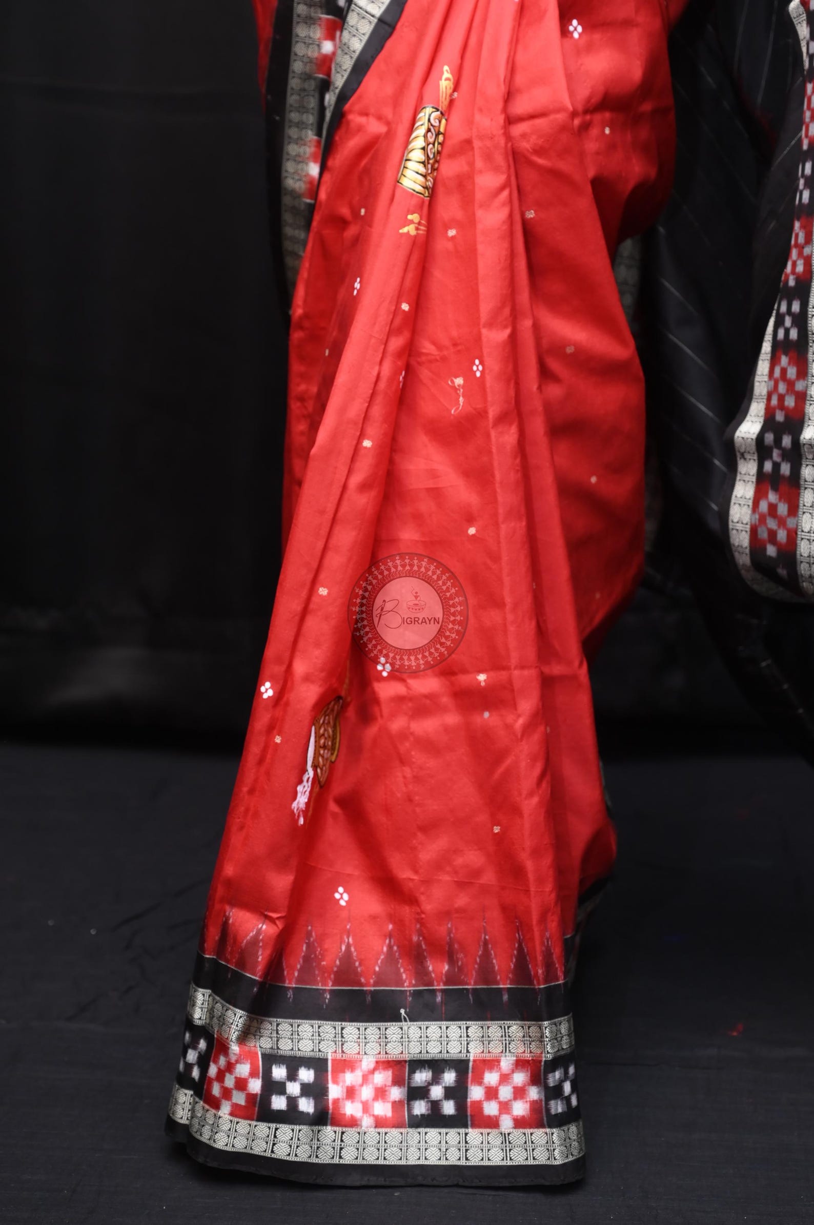 Red Black Nat Khat Kanha Theme Pattachitra Sambalpuri Silk Saree