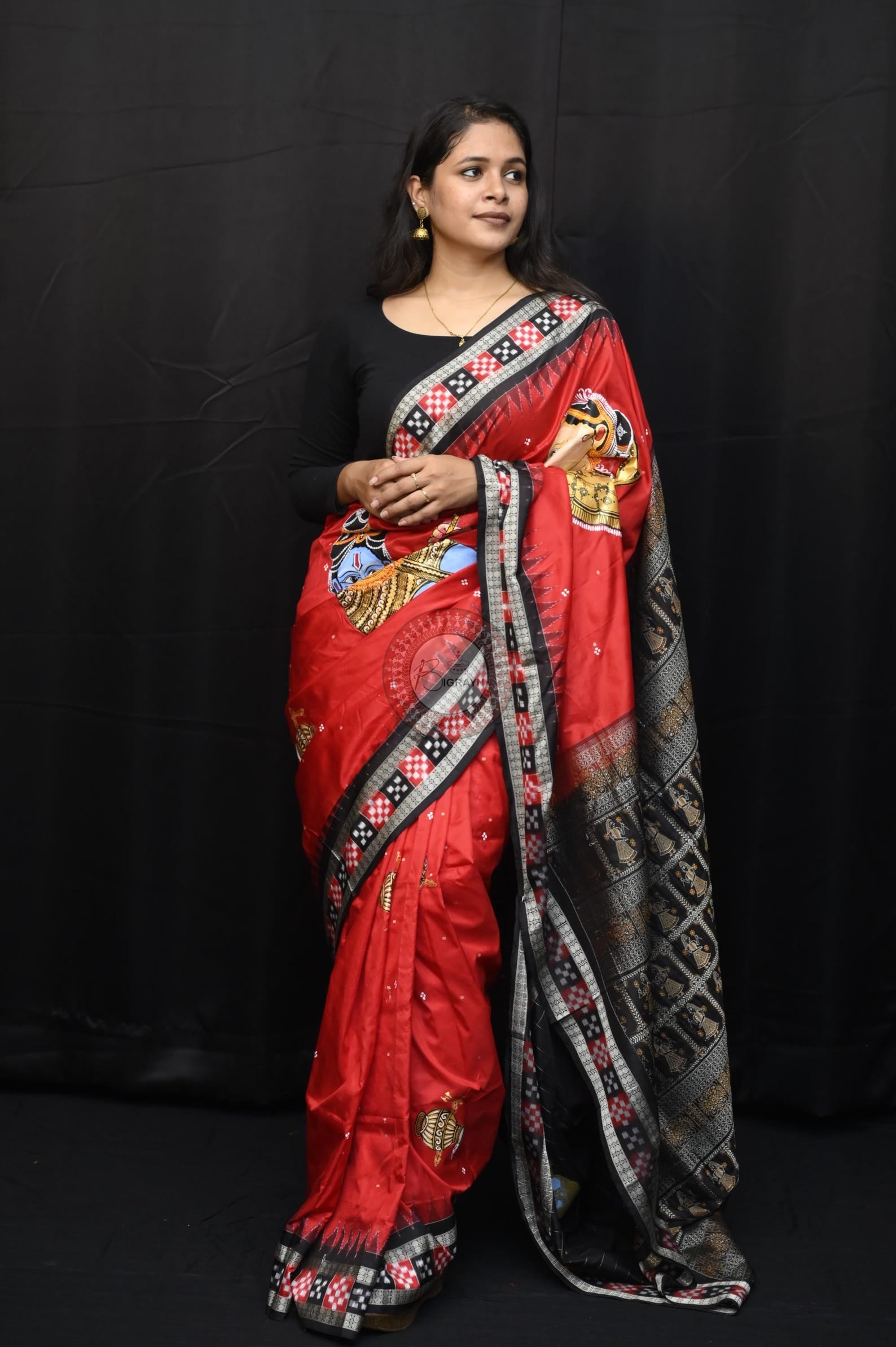 Red Black Nat Khat Kanha Theme Pattachitra Sambalpuri Silk Saree