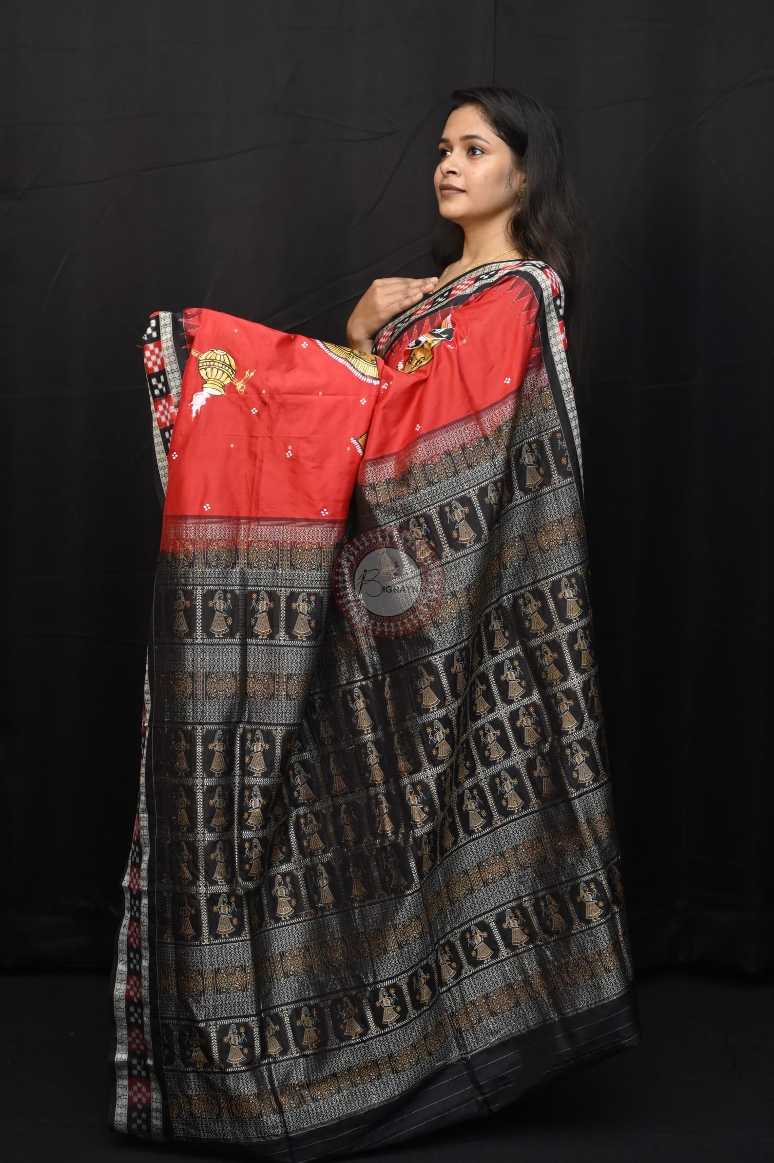 Red Black Nat Khat Kanha Theme Pattachitra Sambalpuri Silk Saree